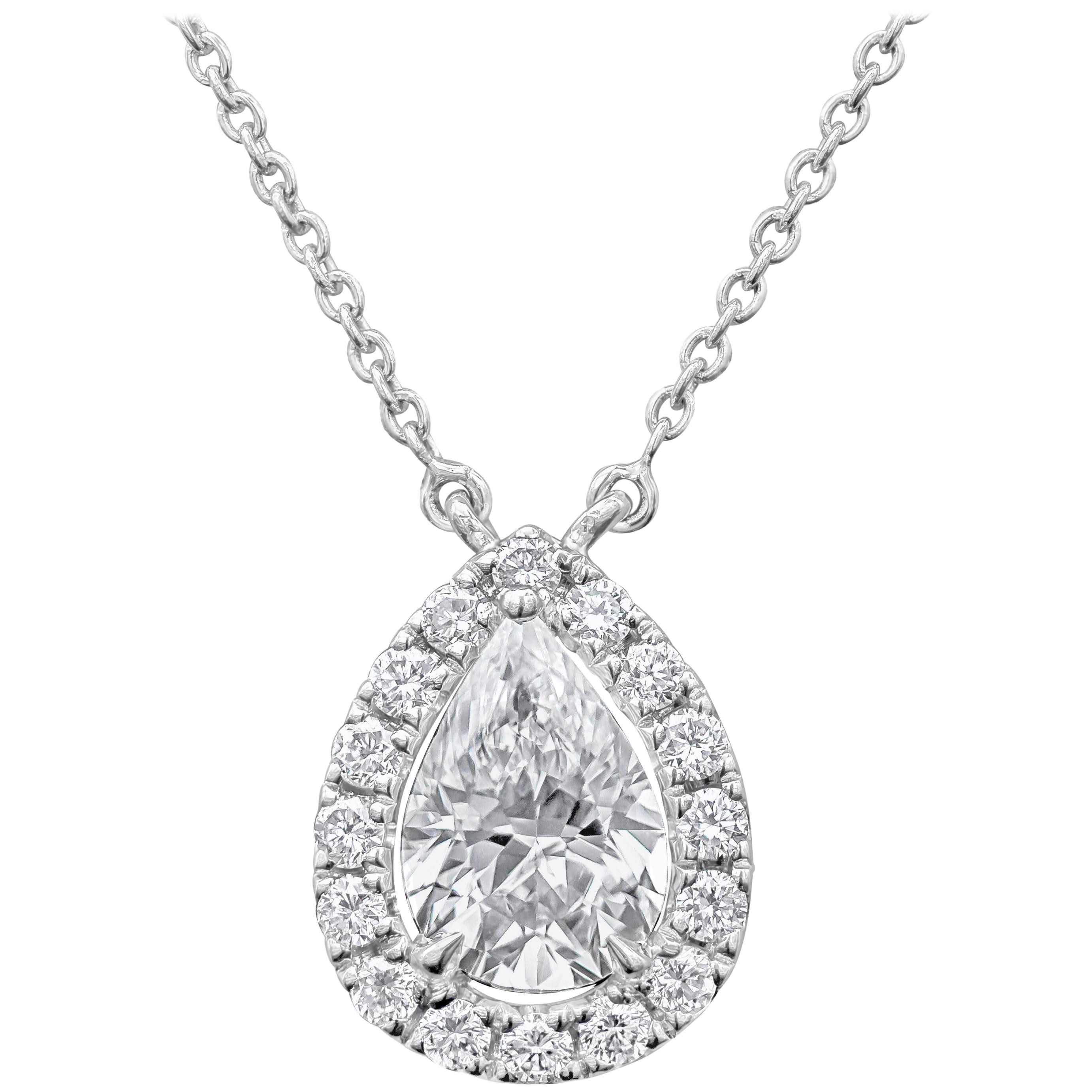 0.72 Carat Pear Shape Diamond Halo Pendant Necklace