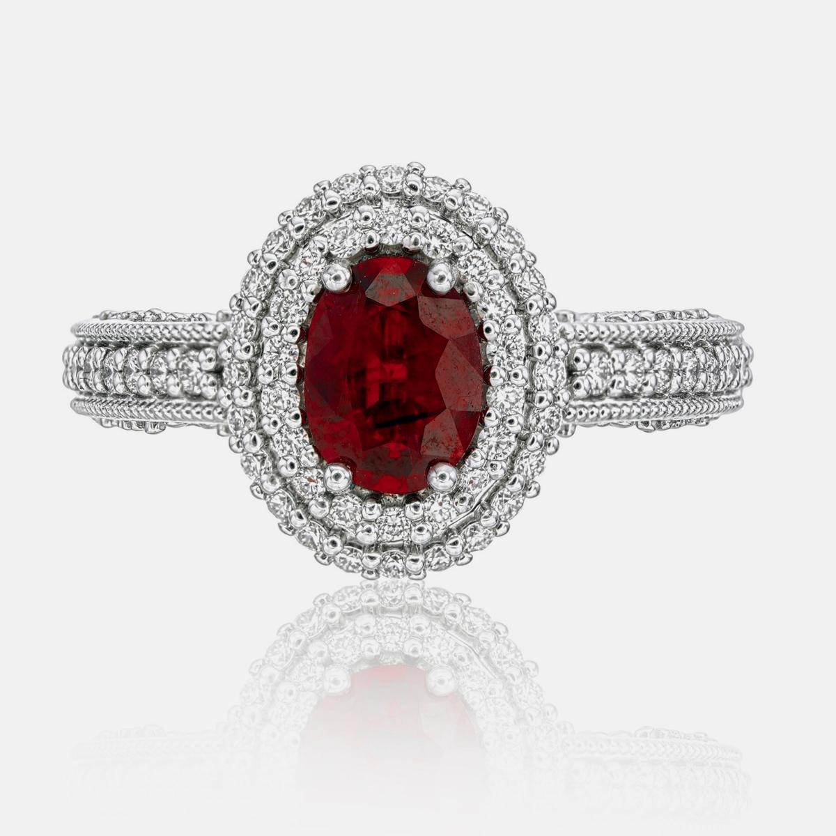 Oval Cut 0.72 Carat Pigeon Blood Burma No Heat Ruby and Diamond Ring in 18 Karat Gold For Sale