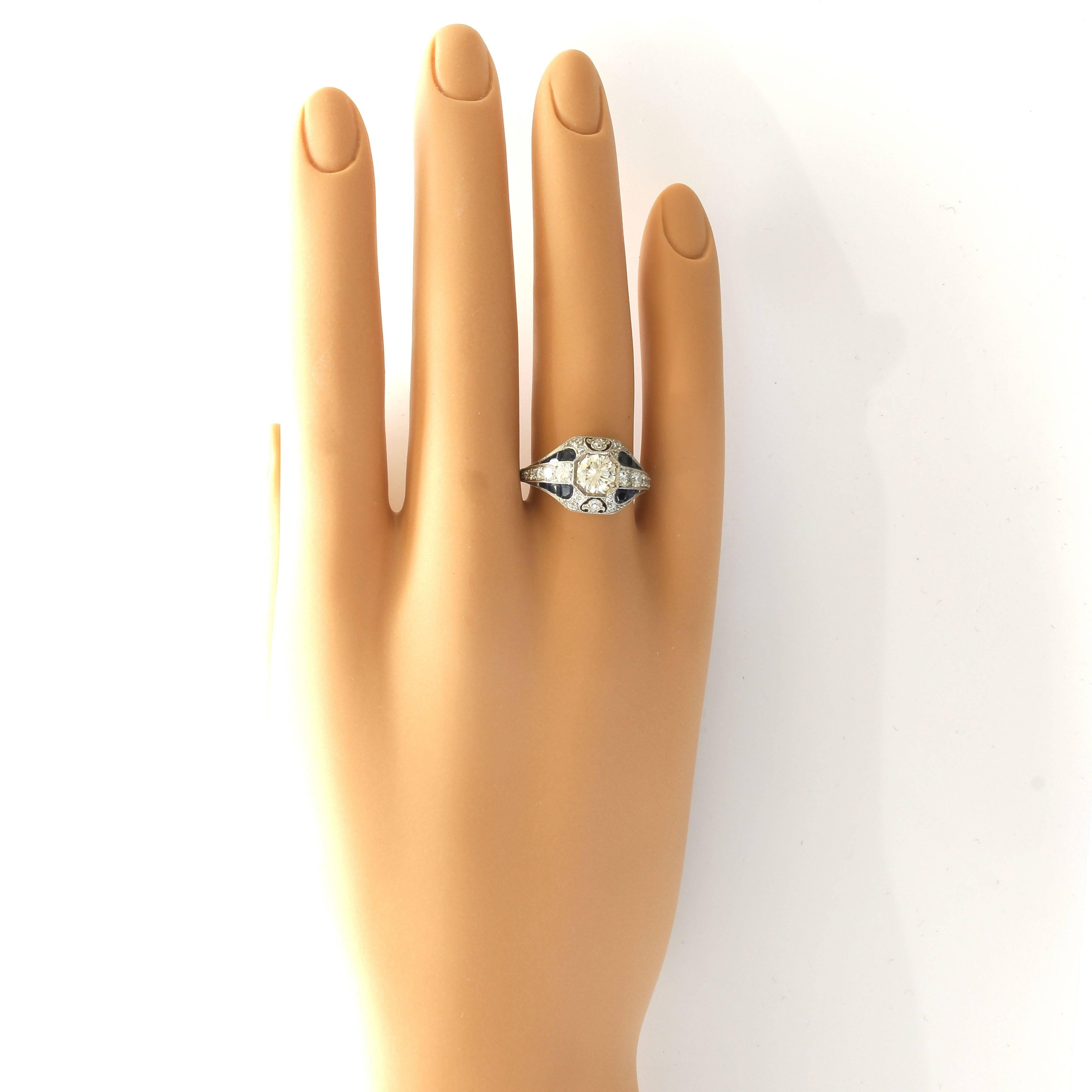 Art Deco 0.72 Carat Round Brilliant Cut Diamond Sapphire Platinum Ring