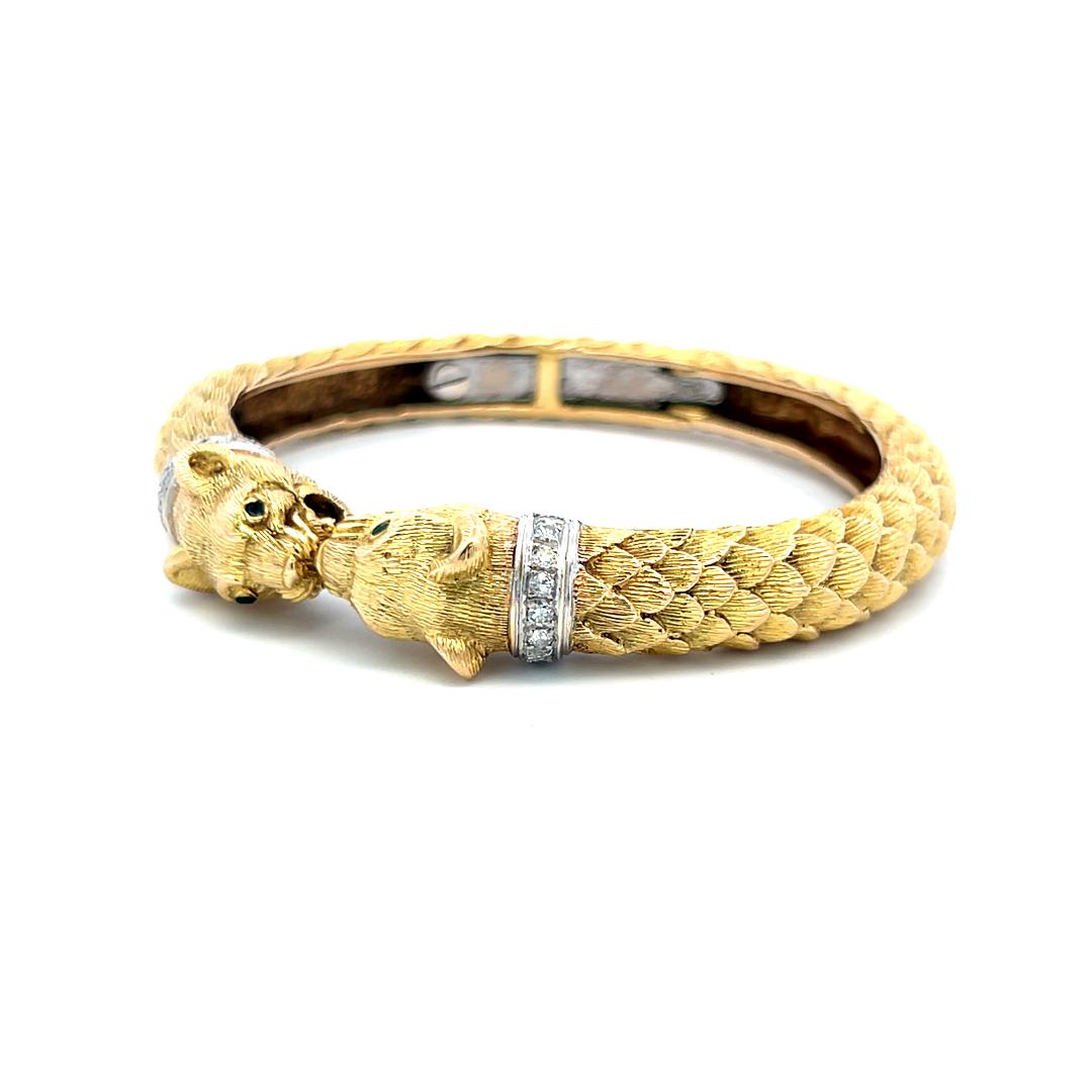 0.72 Carat Round Brilliant Diamond 0.04 Carat Emerald 18K Two Tone Gold Bracelet For Sale 3