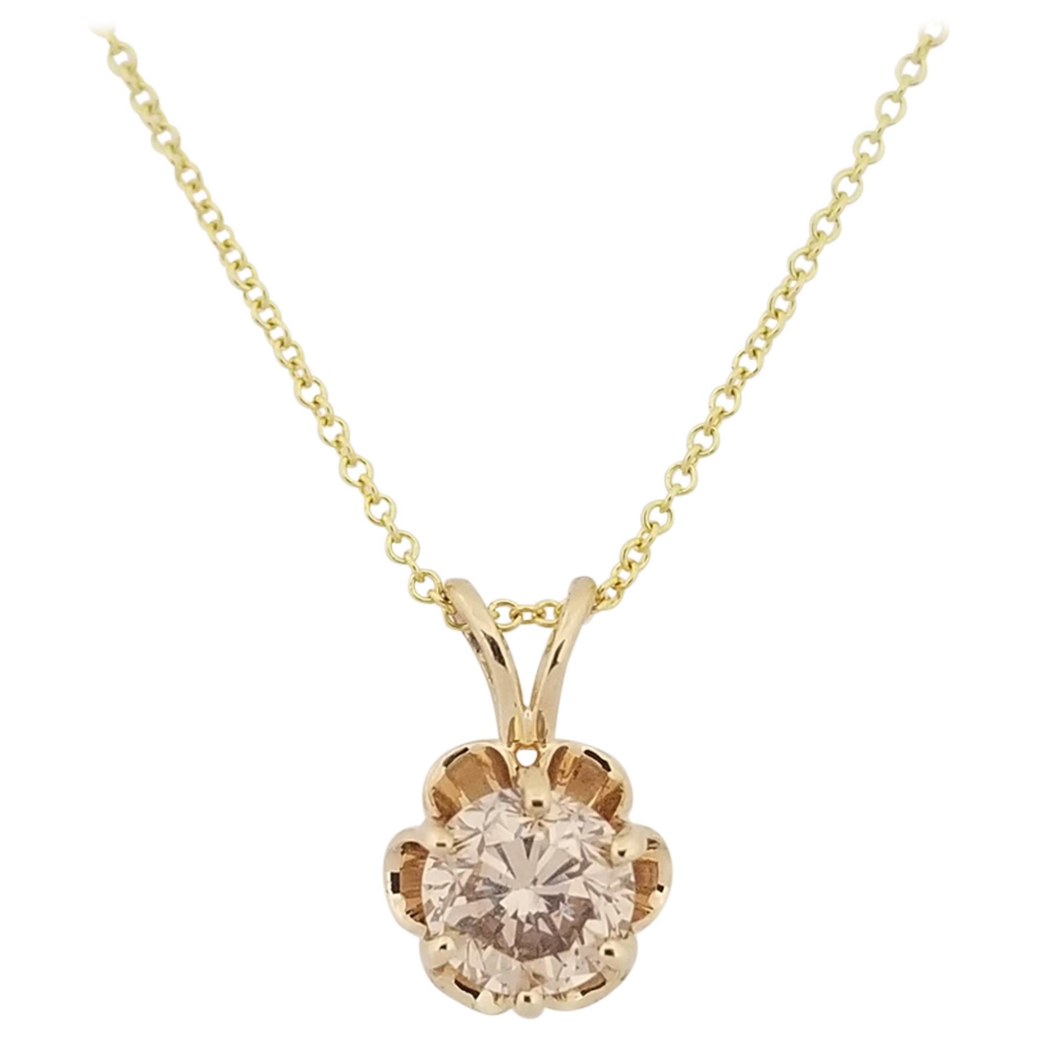 GIA 0.72 Carat Round Diamond Solitaire Buttercup Pendant 14 Karat Yellow Gold