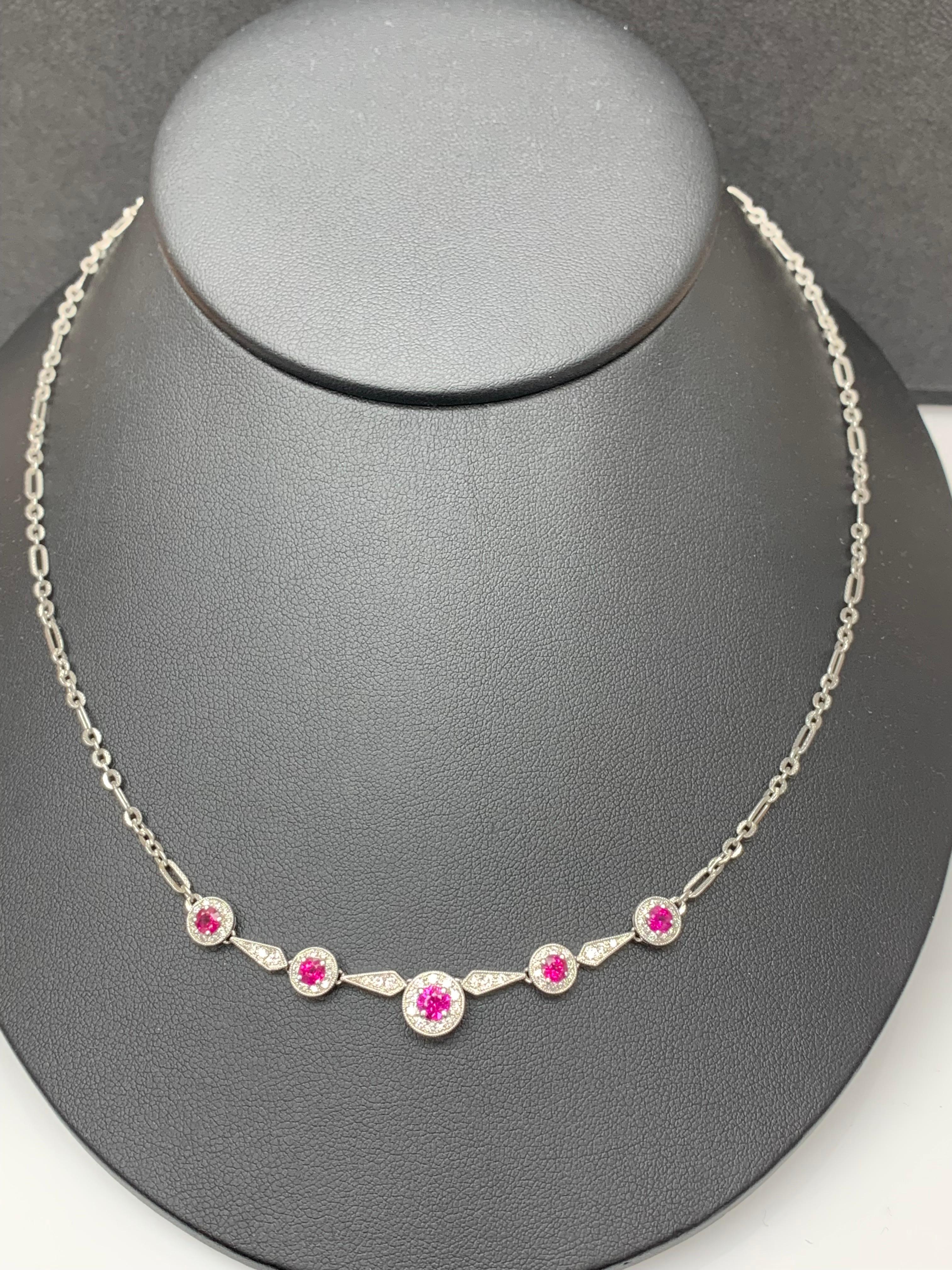 A simple and classic necklace showcasing 5 round-shaped rubies weighing 0.72 carats and 62 round diamonds weighing 0.63 carats, made in 18 karat white gold.

Style is available in different price ranges. Prices are based on your selection of the 4Cs
