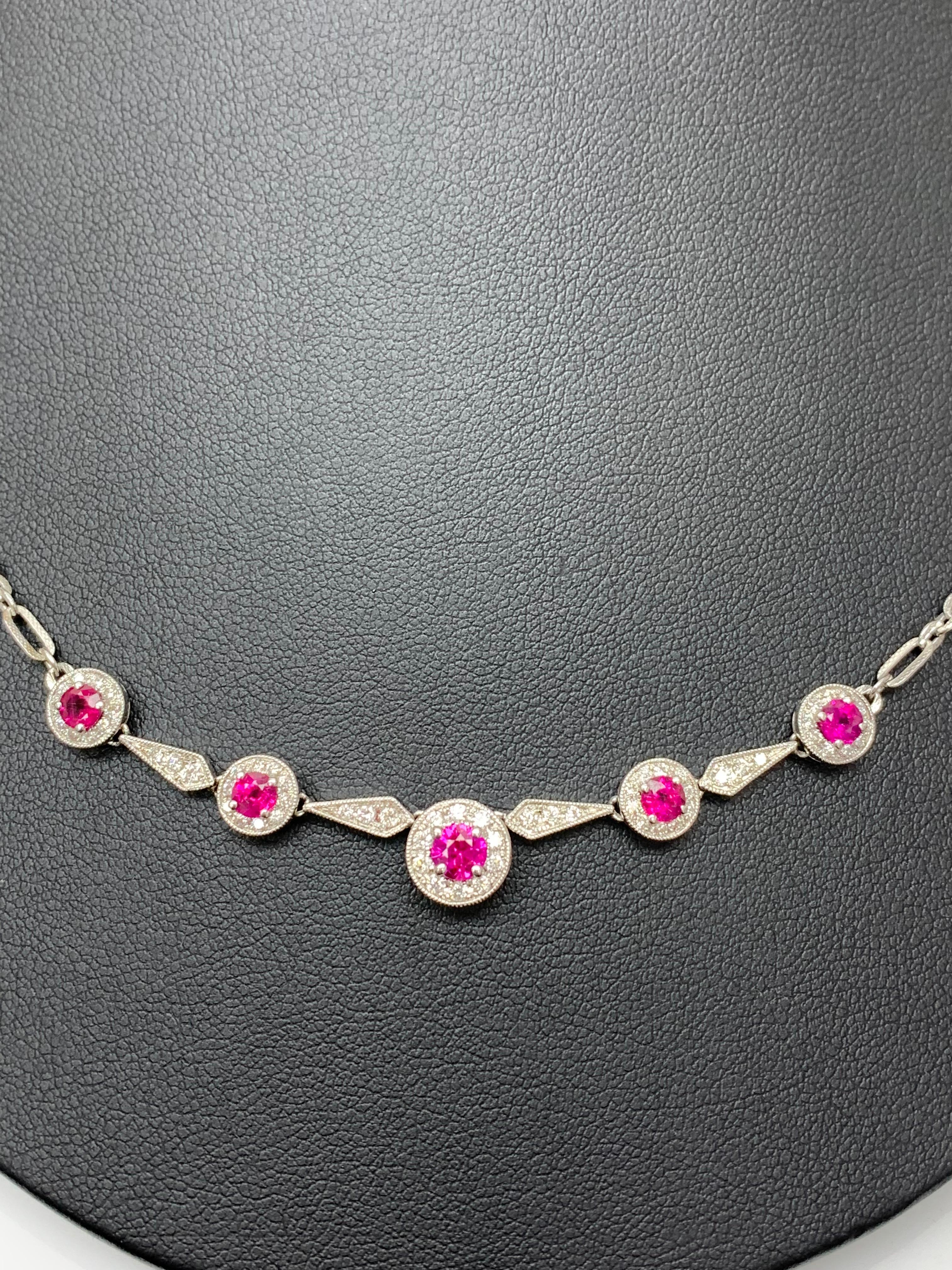 Modern 0.72 Carat round shape Ruby and Diamond Necklace in 18K White Gold For Sale