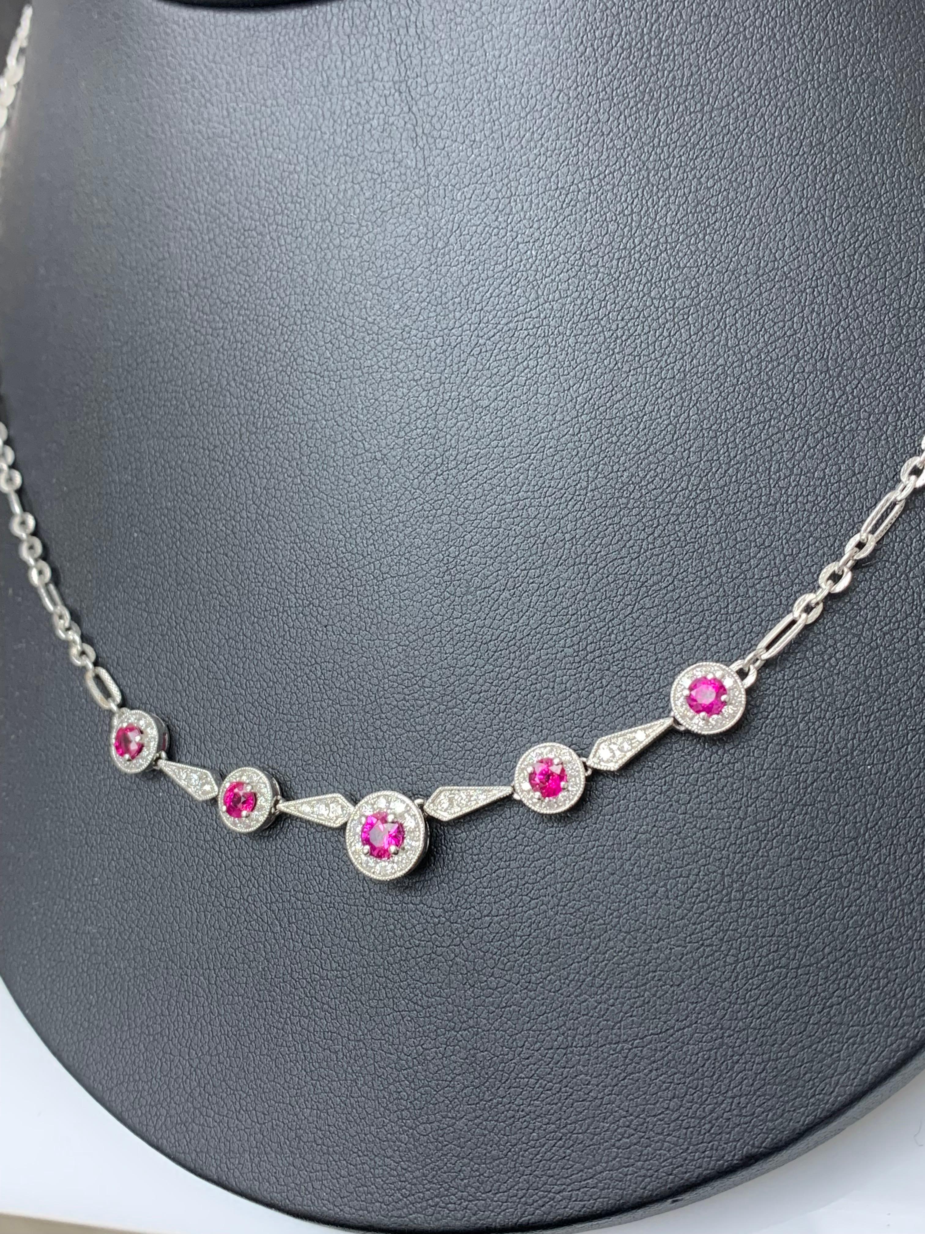 Round Cut 0.72 Carat round shape Ruby and Diamond Necklace in 18K White Gold For Sale