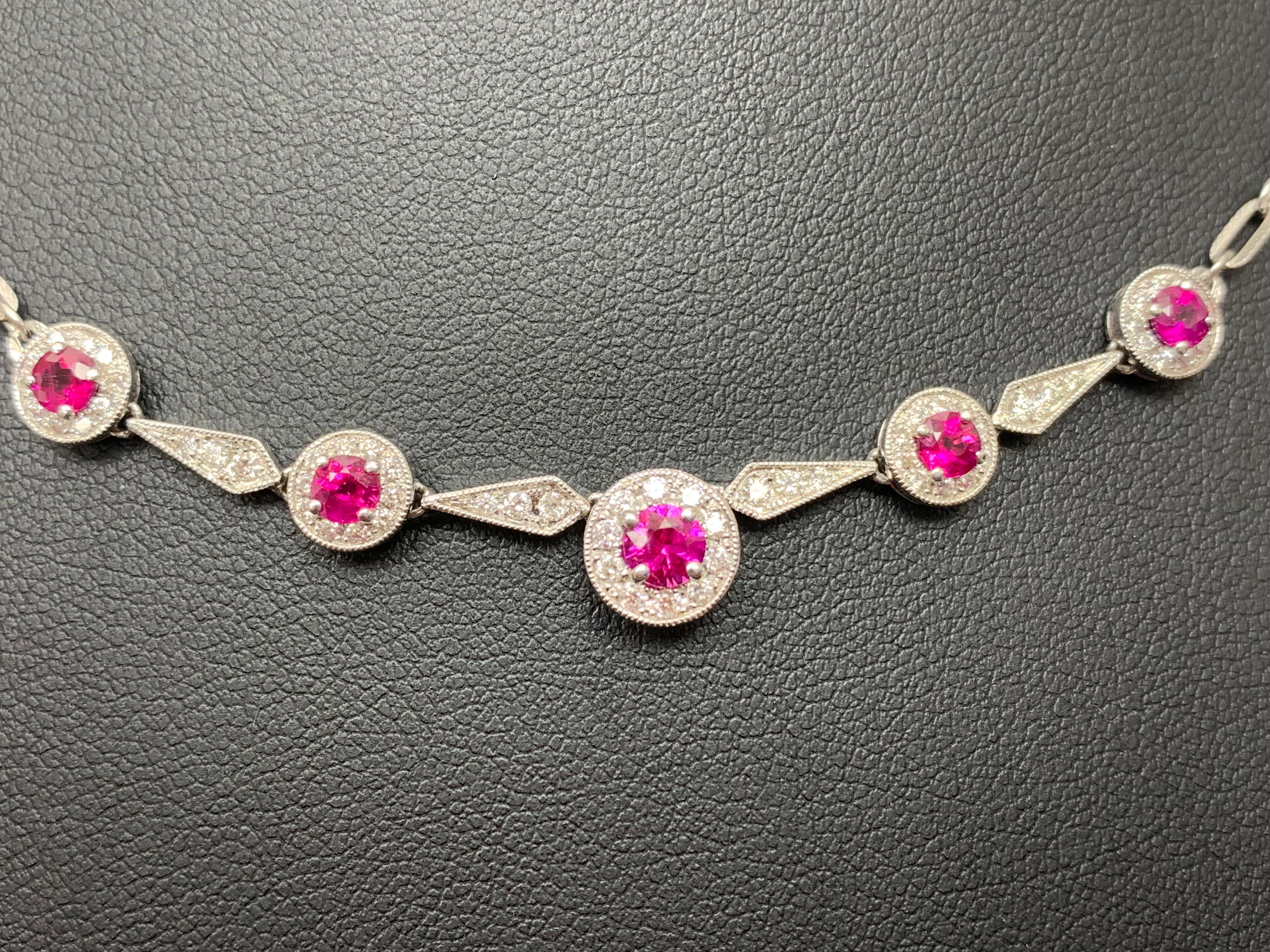 0.72 Carat round shape Ruby and Diamond Necklace in 18K White Gold In New Condition For Sale In NEW YORK, NY