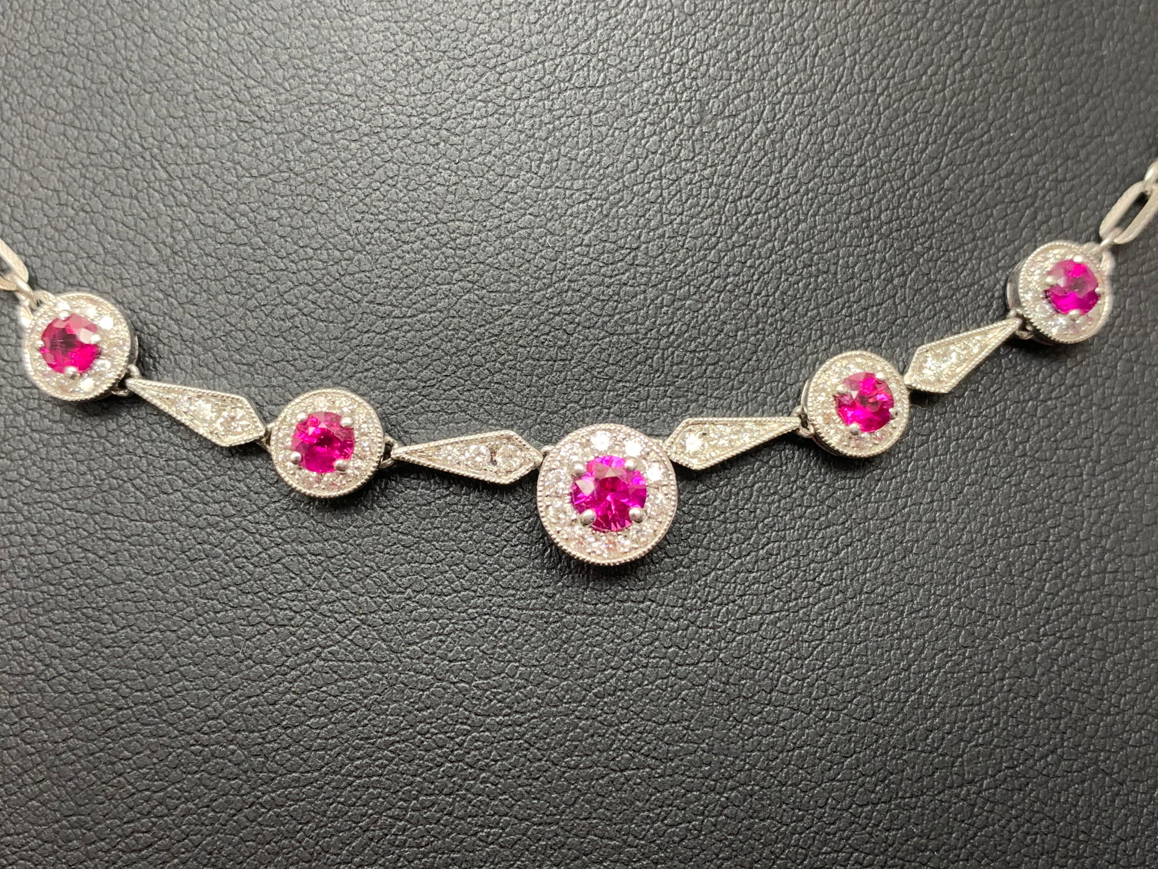 Women's or Men's 0.72 Carat round shape Ruby and Diamond Necklace in 18K White Gold For Sale