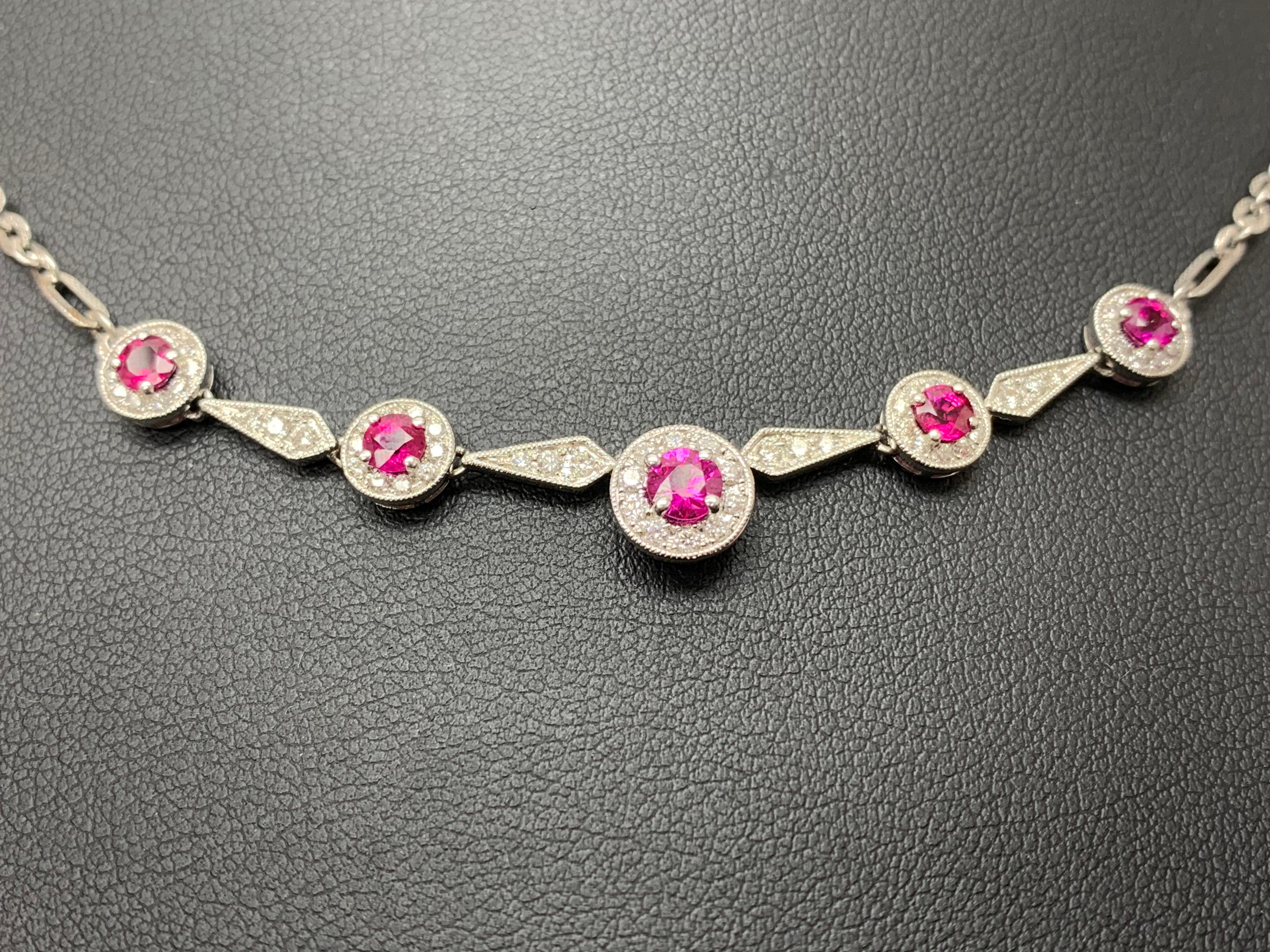 0.72 Carat round shape Ruby and Diamond Necklace in 18K White Gold For Sale 1