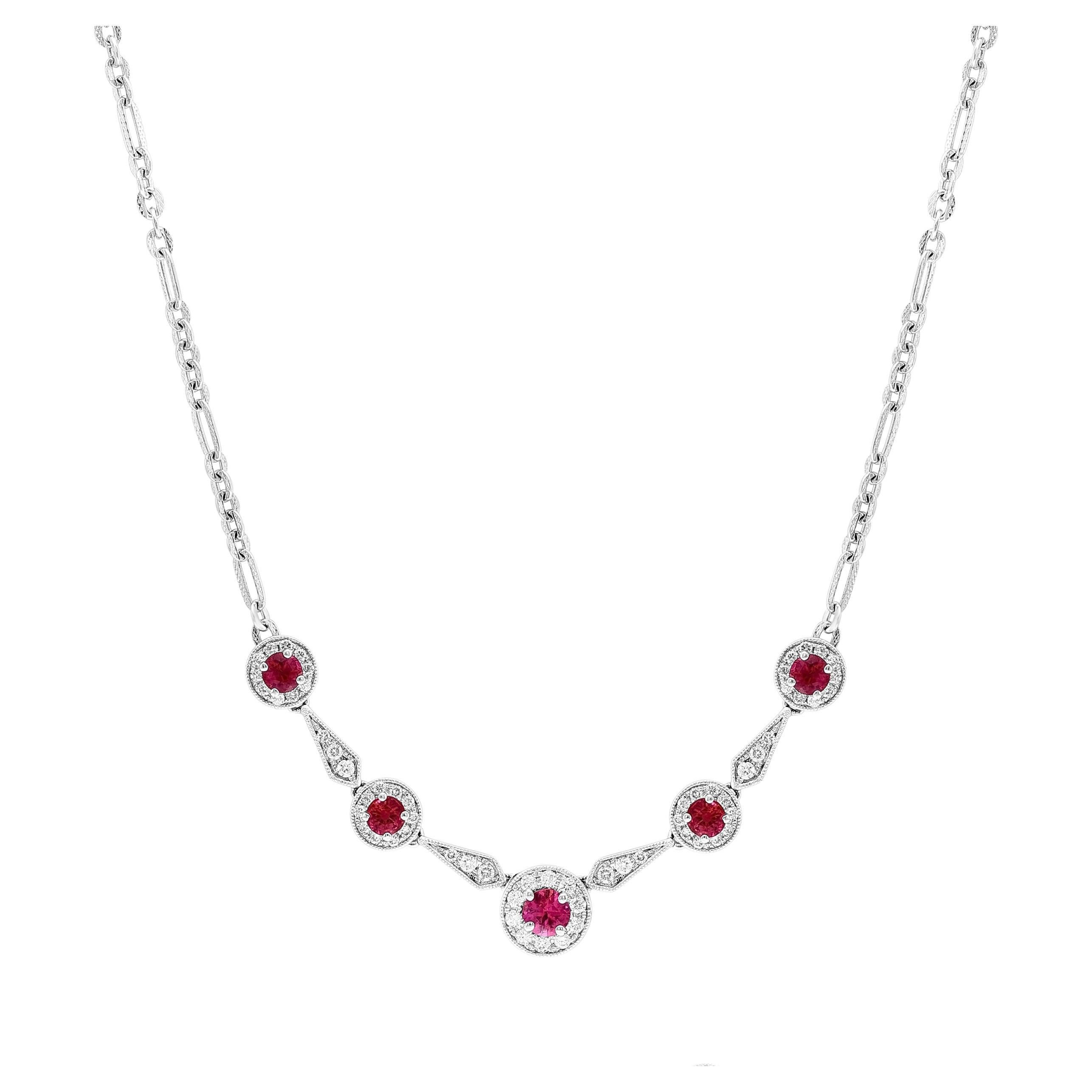 0.72 Carat round shape Ruby and Diamond Necklace in 18K White Gold For Sale