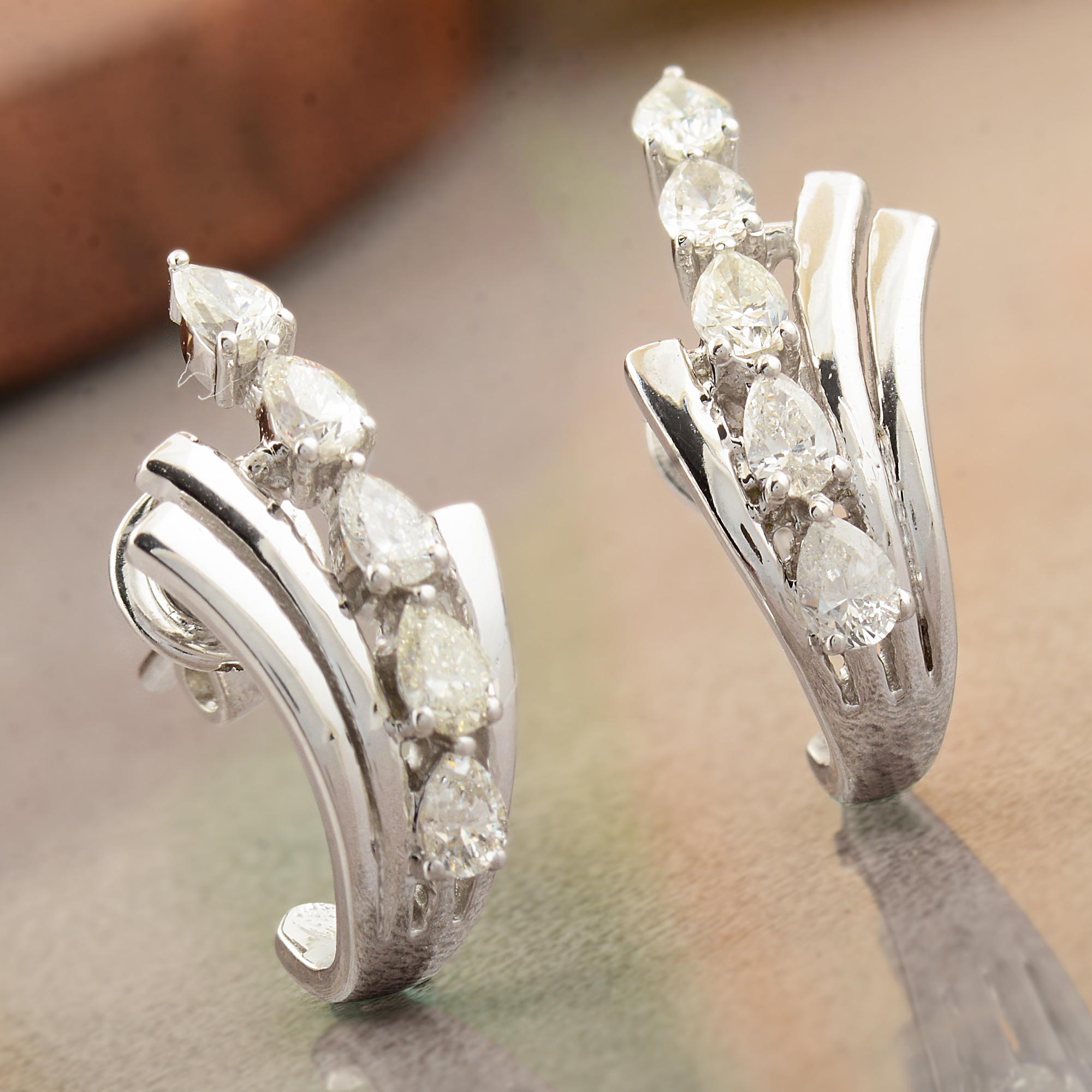 0.72 Carat SI/HI Pear Diamond Half Hoop Earrings 10 Karat White Gold Jewelry For Sale 2