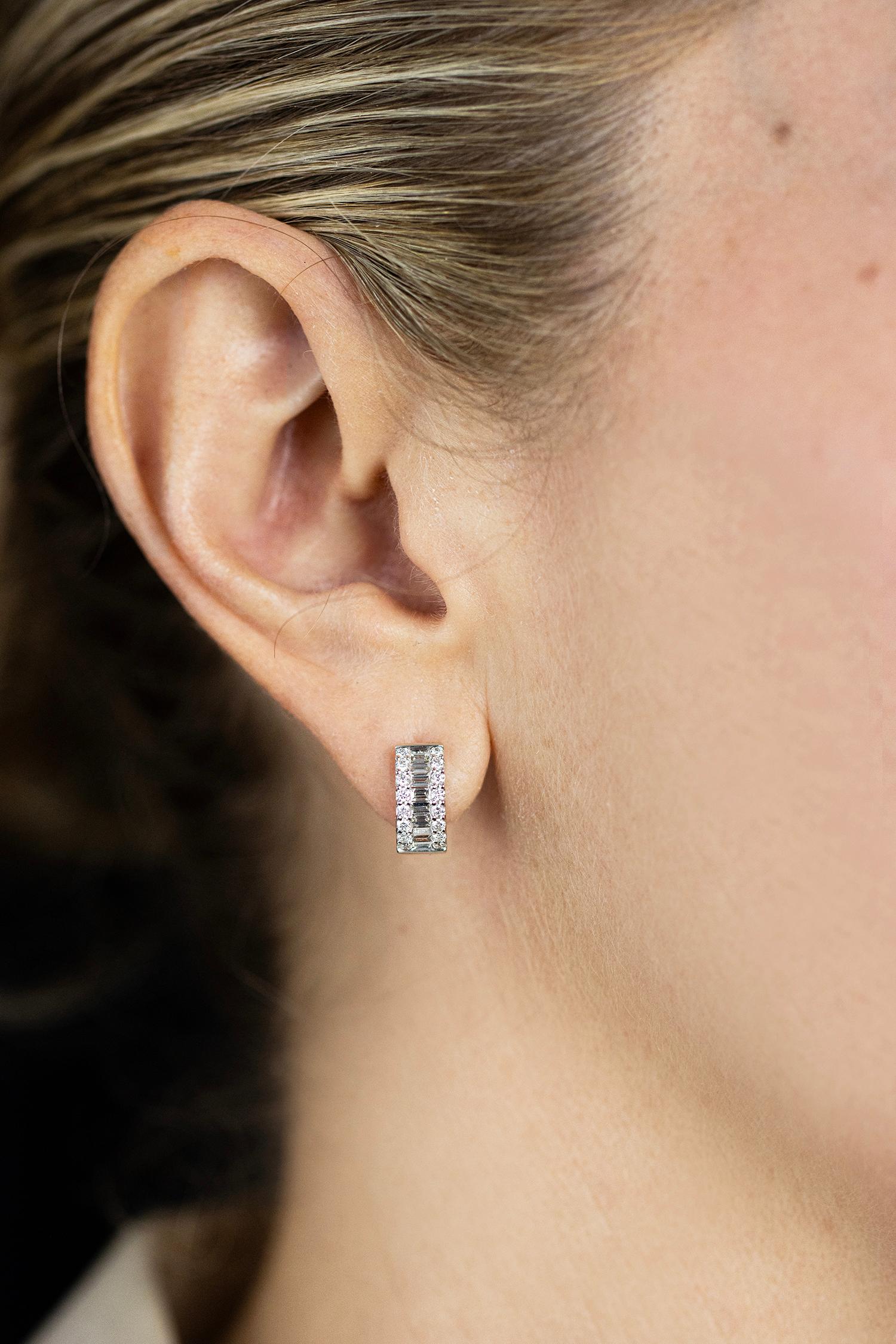 Contemporary Roman Malakov 0.72 Carat Total Baguette & Round Cut Diamond Huggie Earrings