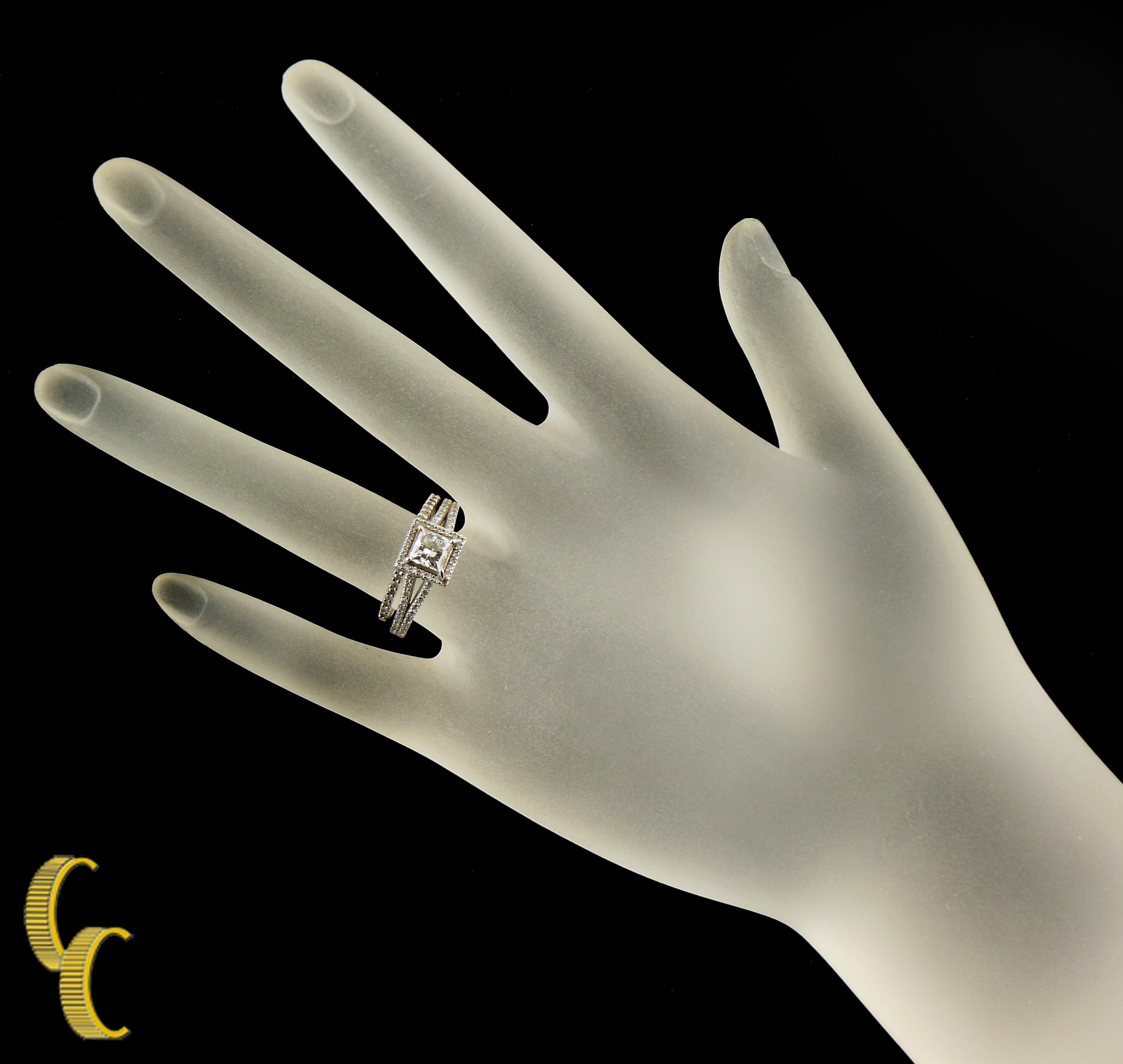Modern 0.72 Carat White Gold Halo Princess Diamond Engagement Ring Set For Sale