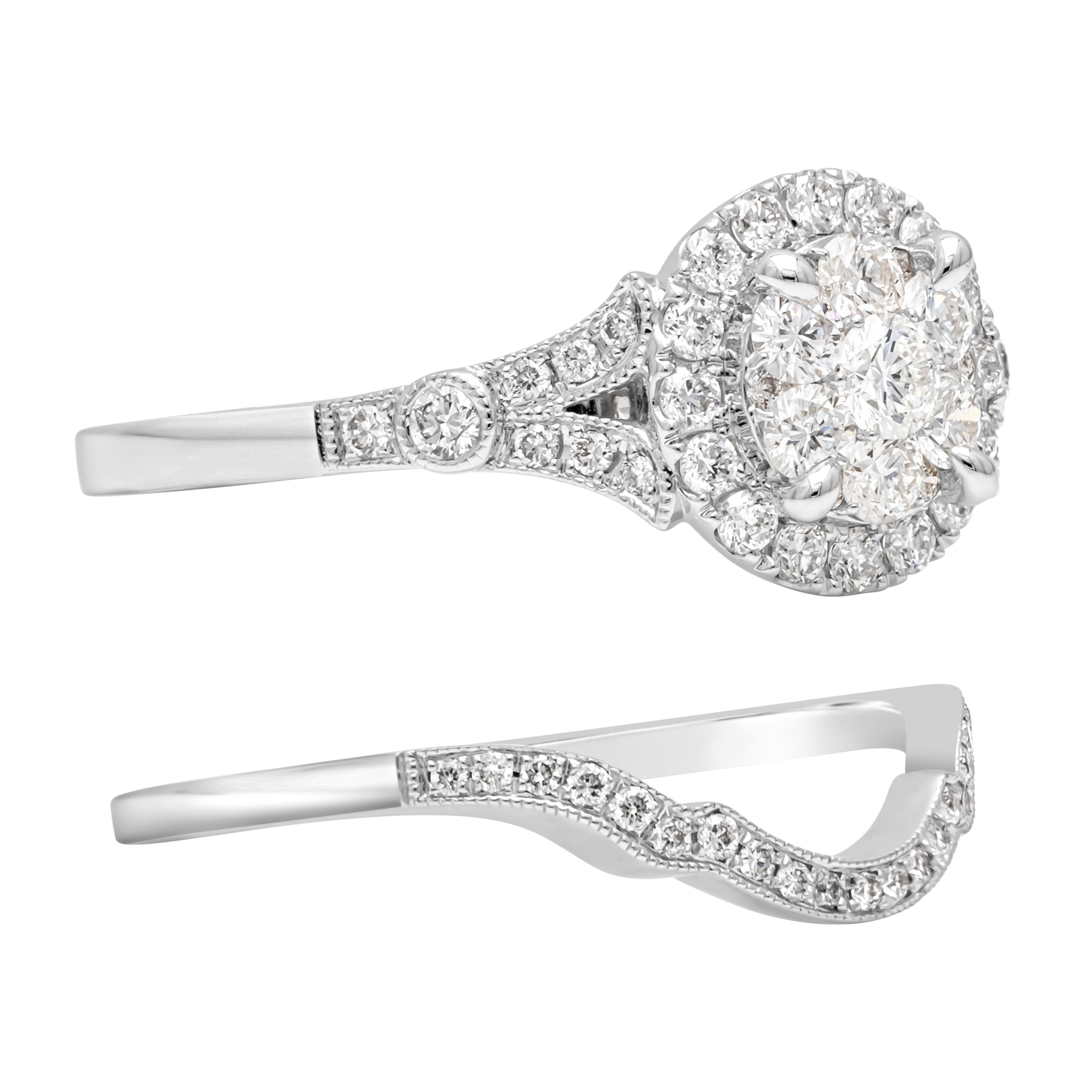 Contemporain 0.72 Carats Total Diamond Round Halo Illusion Engagement and Wedding Ring Set  en vente