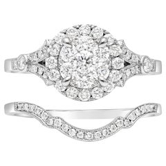 Used 0.72 Carats Total Round Diamond Halo Illusion Engagement And Wedding Ring Set 