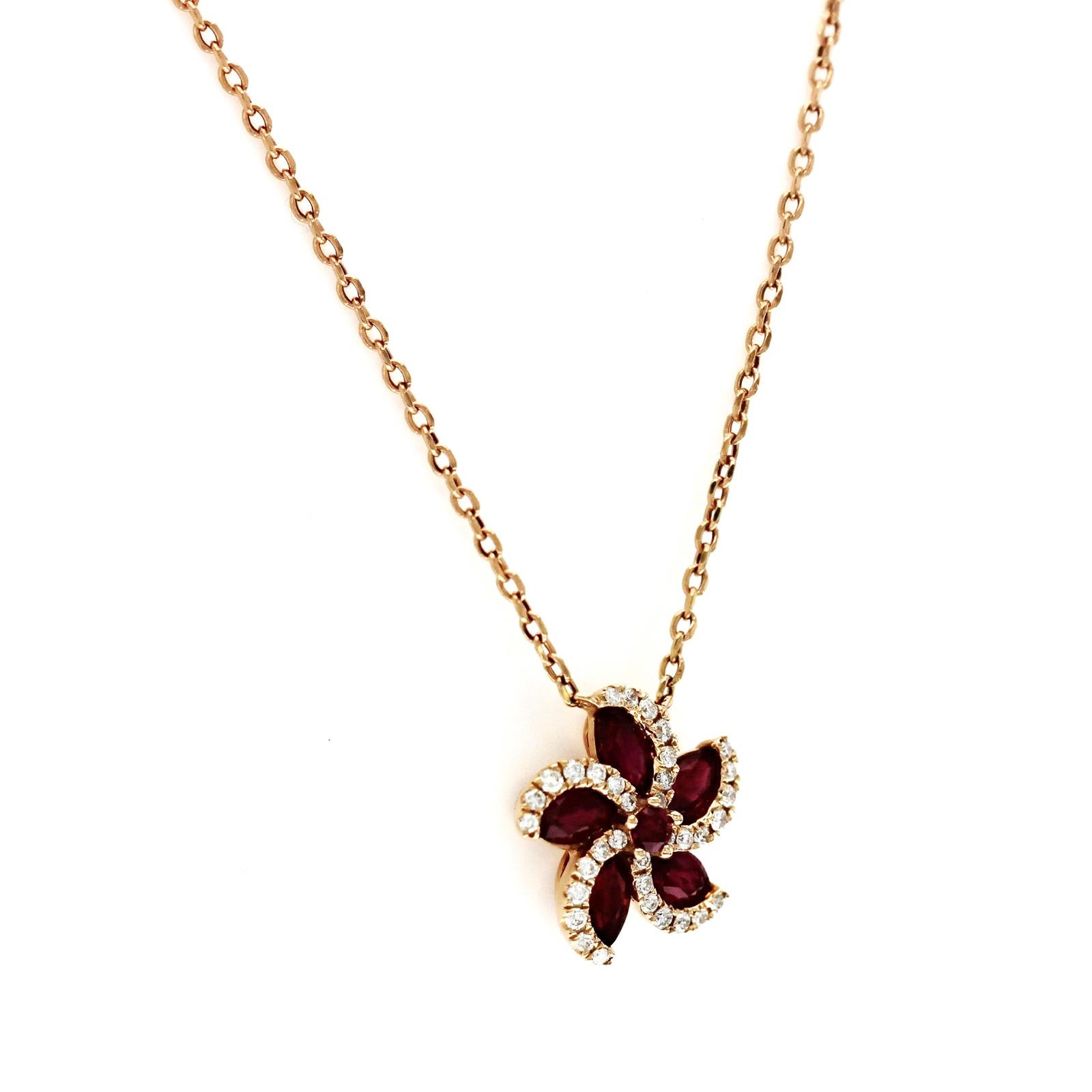 0.72 CT Ruby 0.15 CT Diamond 18K Rose Gold Flower Pendant Necklace In New Condition For Sale In Los Angeles, CA