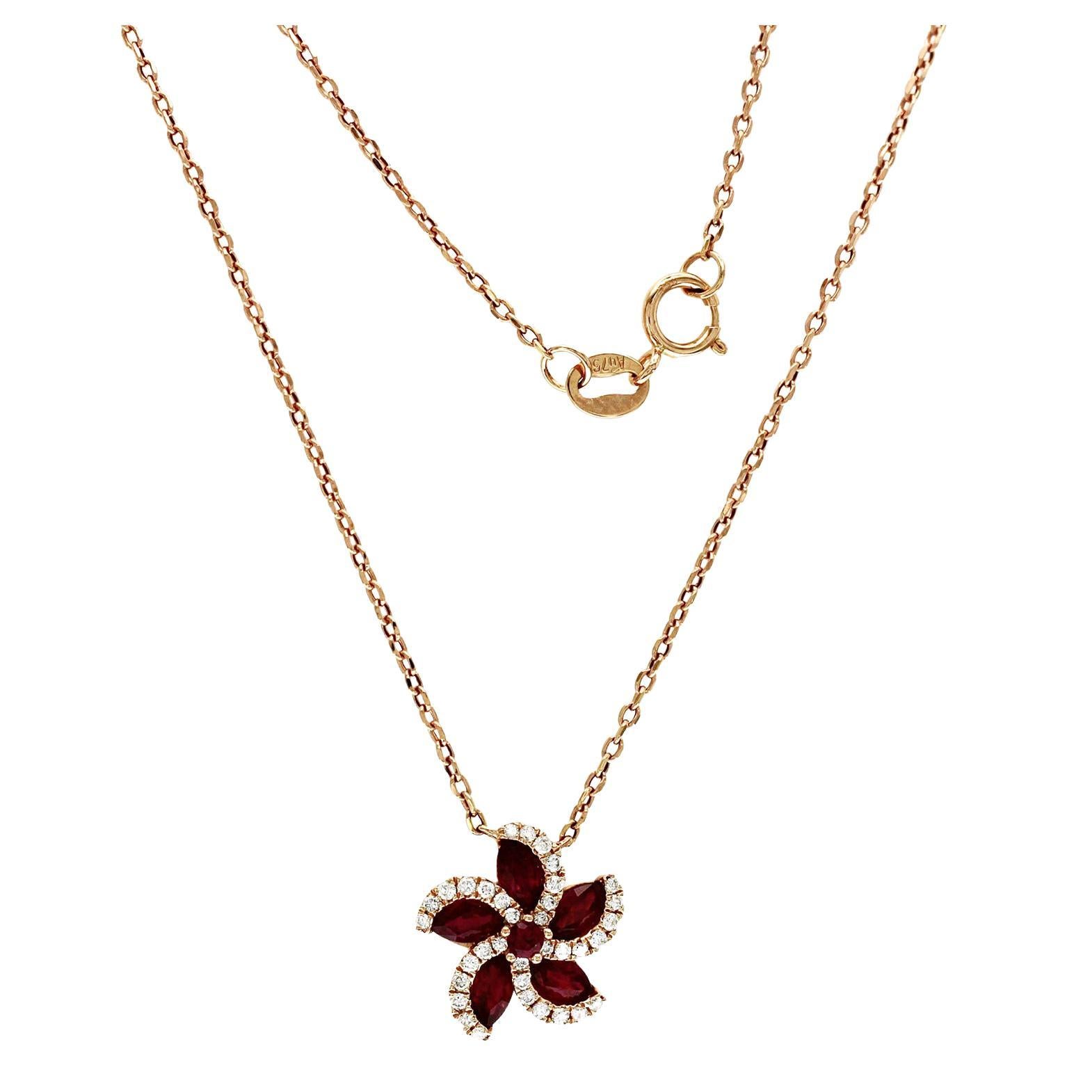 0.72 CT Ruby 0.15 CT Diamond 18K Rose Gold Flower Pendant Necklace For Sale