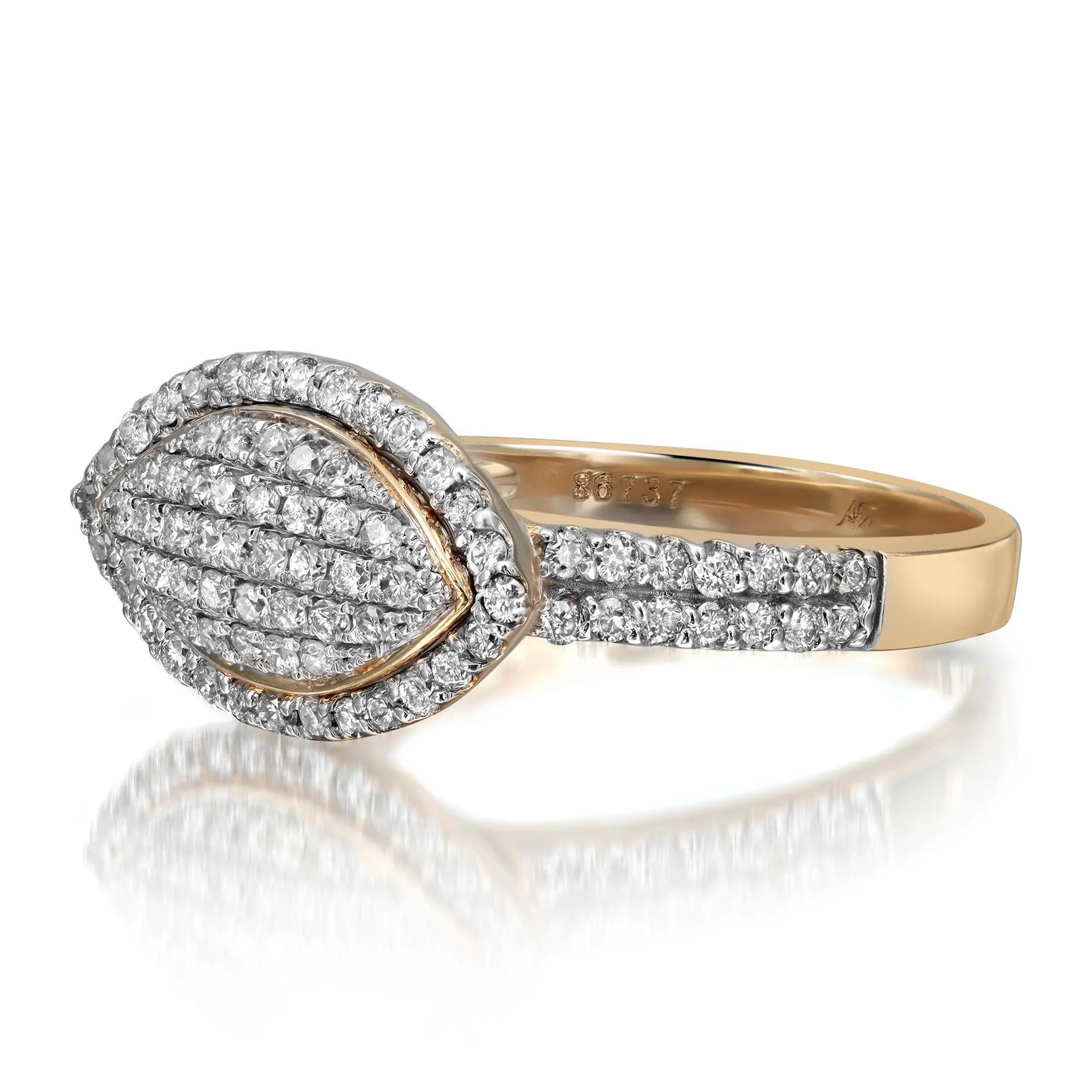 This beautiful diamond cocktail ring is rendered in highly polished 14K yellow gold. This ring features sparkling round cut diamonds in pave setting totaling 0.72 carat. Diamond quality: H - I color and SI1 clarity. Ring size: 7.5. Total weight: