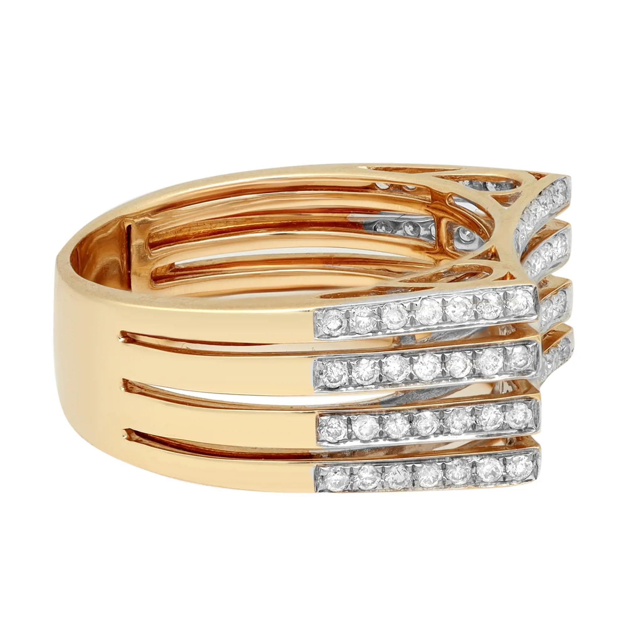 This elegant and classic diamond band ring is crafted in 14k yellow gold. Features four rows of pave set round brilliant cut diamonds weighing 0.72 carat. Diamond color I and SI-I clarity.  Ring width: 9mm. Ring size: 7.5. Total weight: 5.87 grams.
