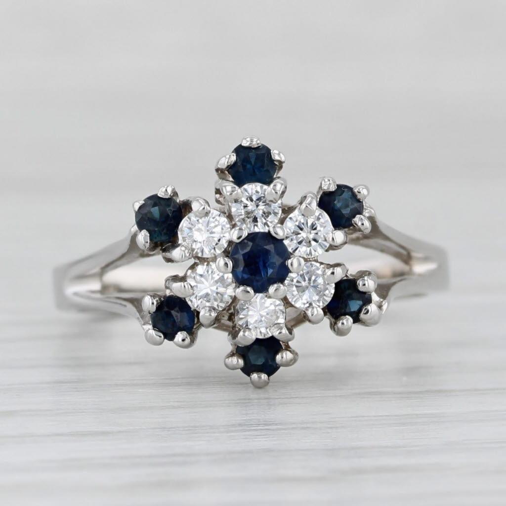 0,72 Karat Blauer Saphir Diamant Blumen-Cluster-Ring 14k Weißgold Größe 7 Damen im Angebot