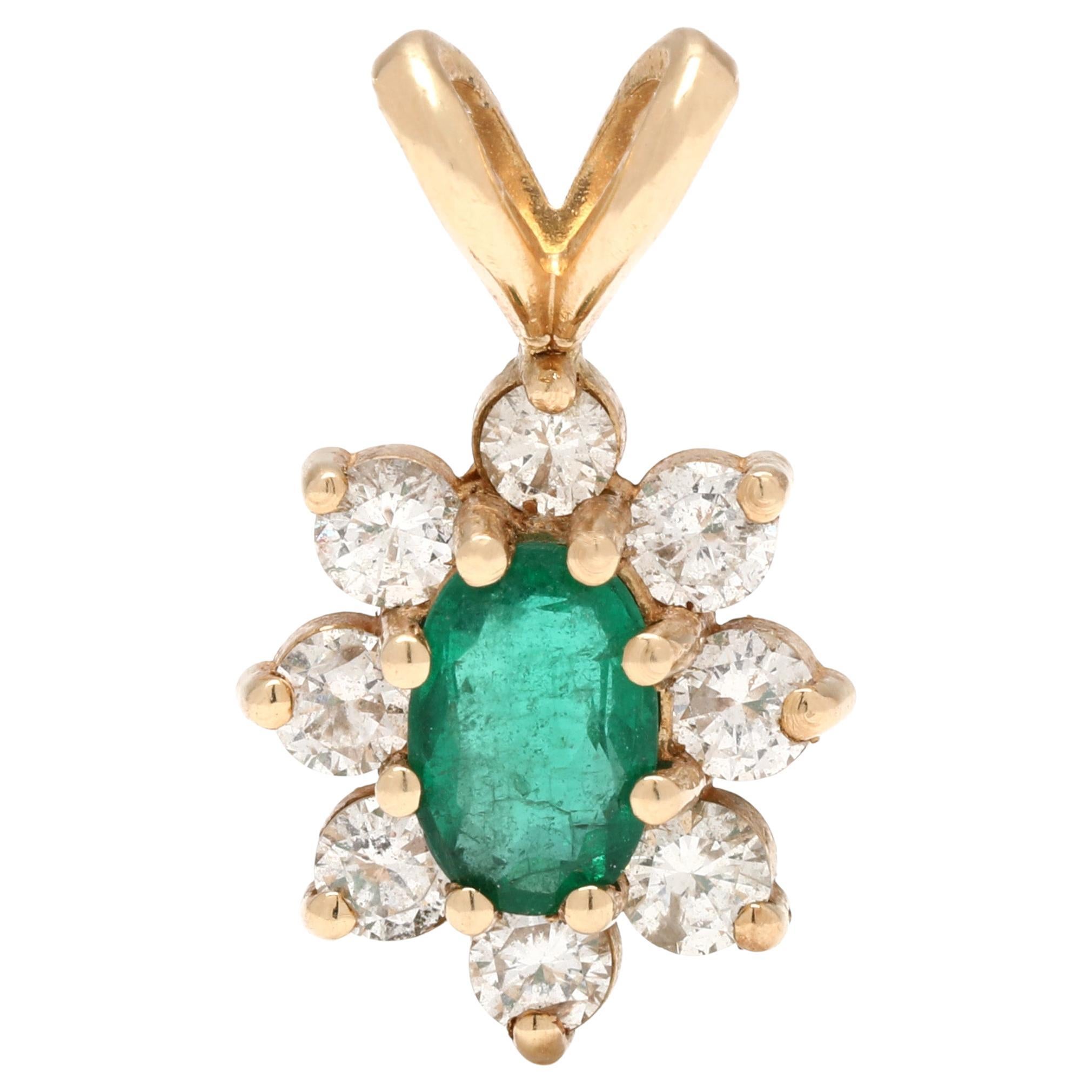 0.72ctw Emerald & Diamond Cluster Pendant, 14k Yellow Gold, Dainty Flower Charm