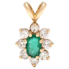 0.72ctw Emerald & Diamond Cluster Pendant, 14k Yellow Gold, Dainty Flower Charm