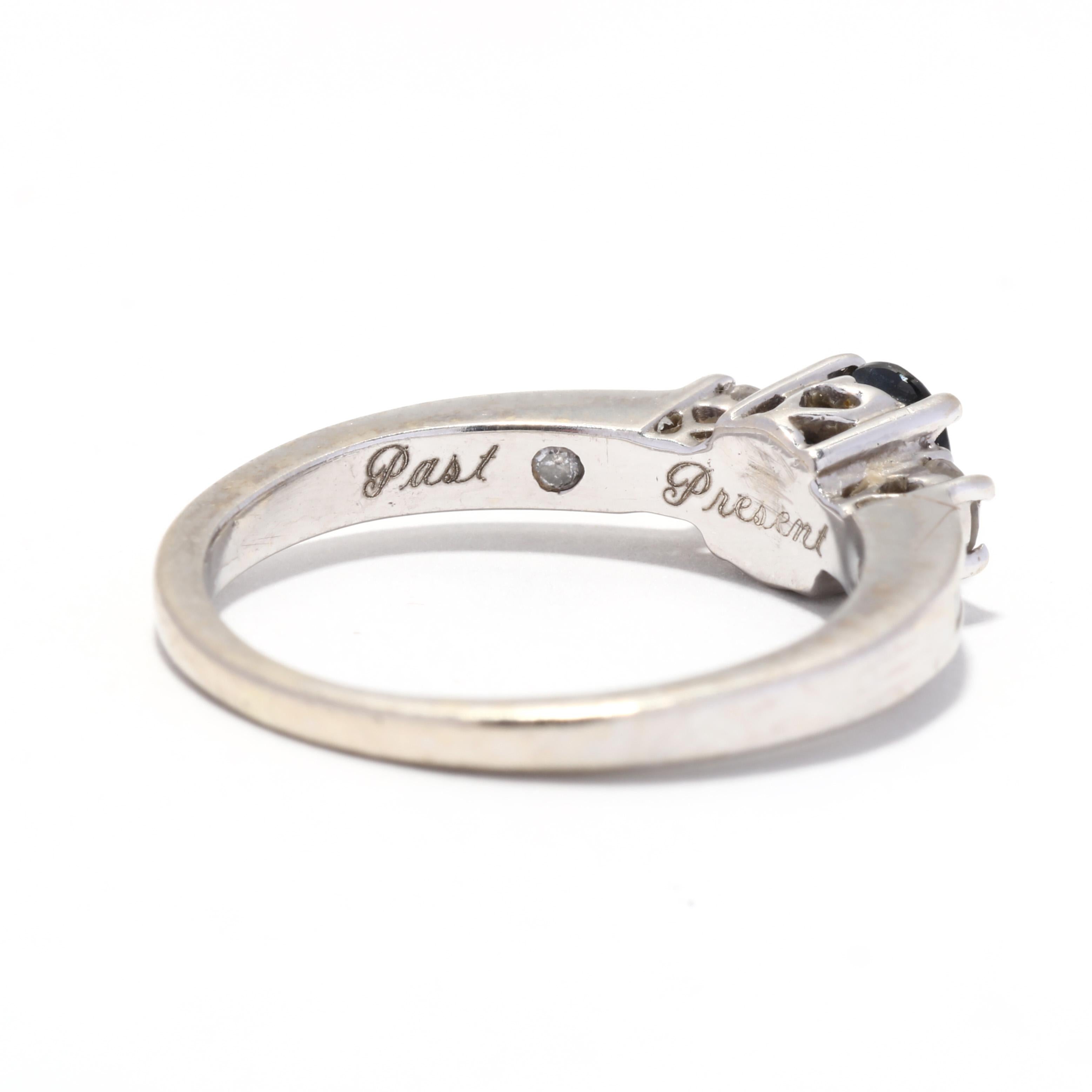 Women's or Men's 0.72ctw Sapphire Diamond Engagement Ring, 14KWhiteGold, Past Present Future Ring