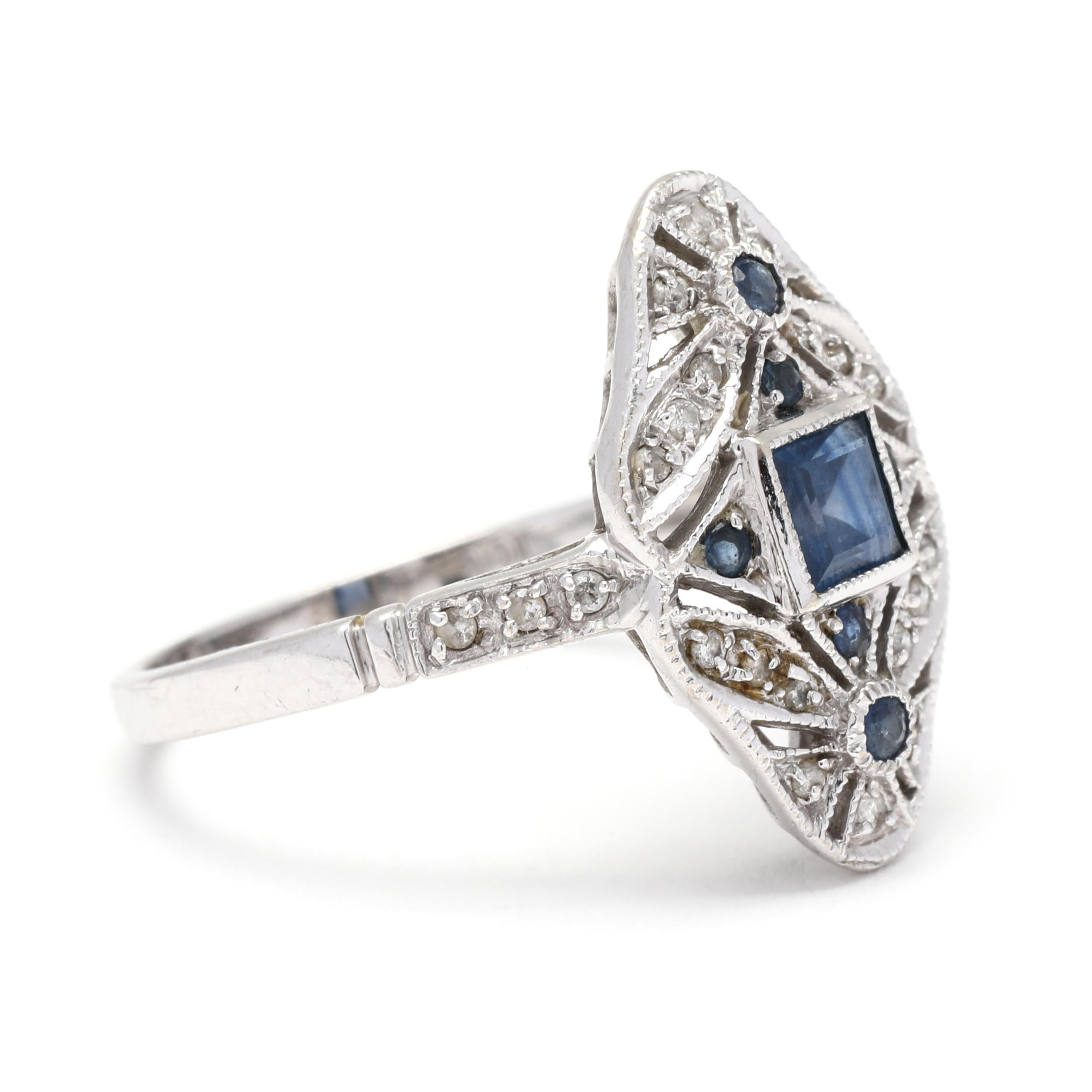 Add a touch of elegance to your collection with this stunning sapphire and diamond navette ring. Crafted in 10K white gold, this ring features a total weight of 0.72ctw sapphires and diamonds. The navette shape of the ring adds a unique and