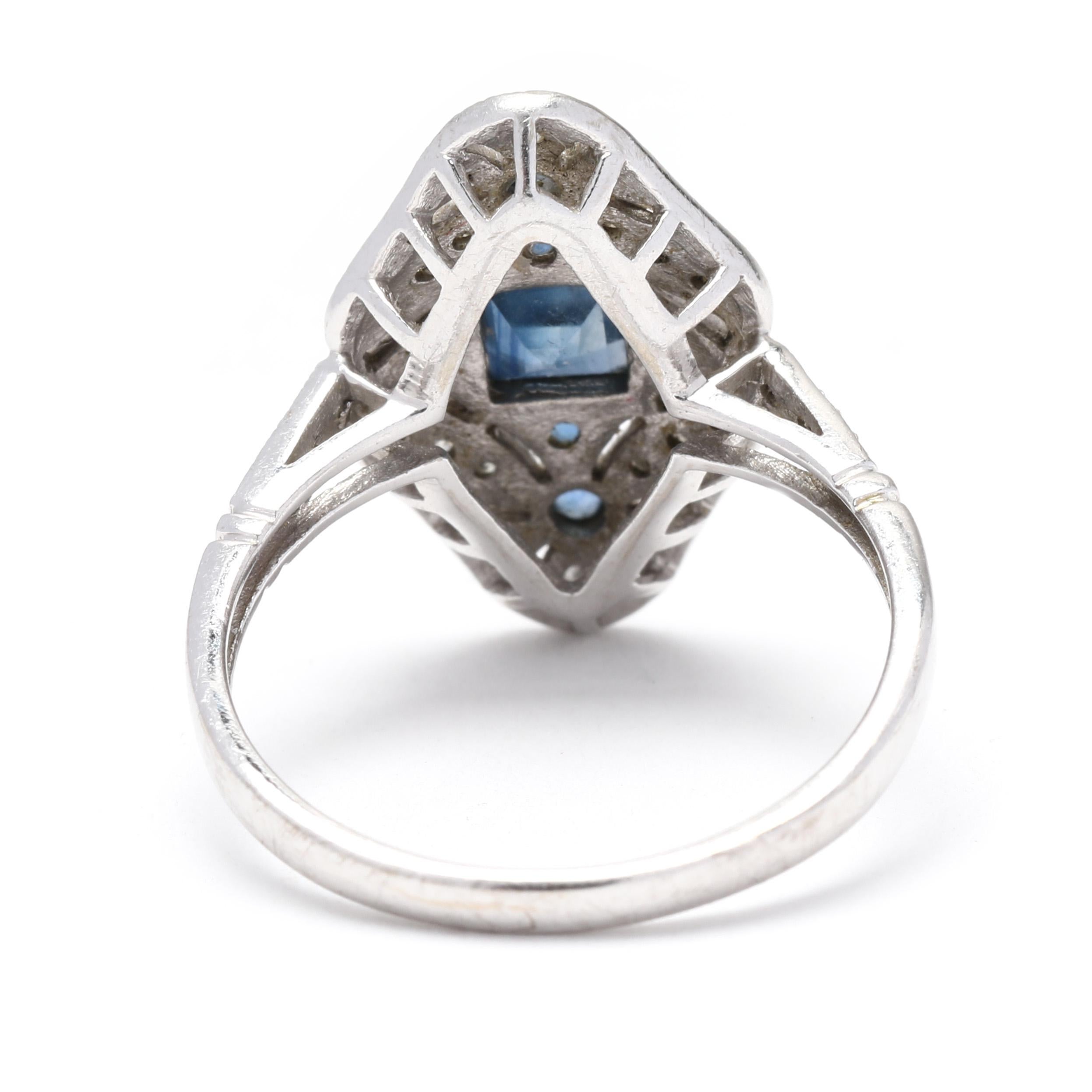 Square Cut 0.72ctw Sapphire & Diamond Navette Ring, 10K White Gold, Ring Size 6.75
