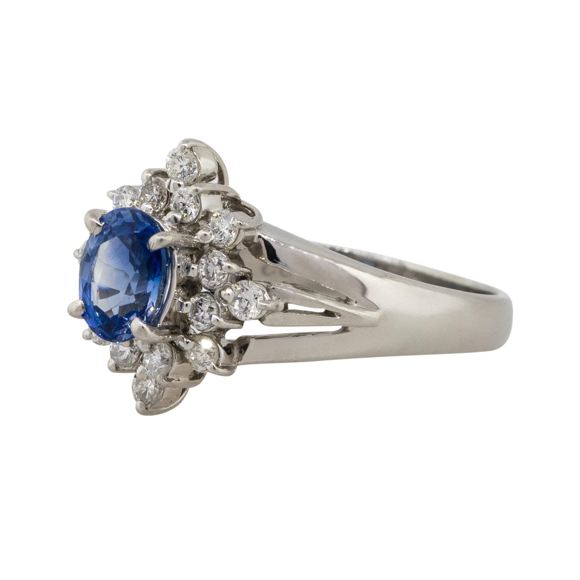 Material: Platinum
Gemstone details: Oval cut Sapphire center gemstone
Diamond details: Approx. 0.73ctw of round cut Diamonds. Diamonds are G/H in color and VS in clarity
Ring Size: 5 
Ring Measurements: 0.75