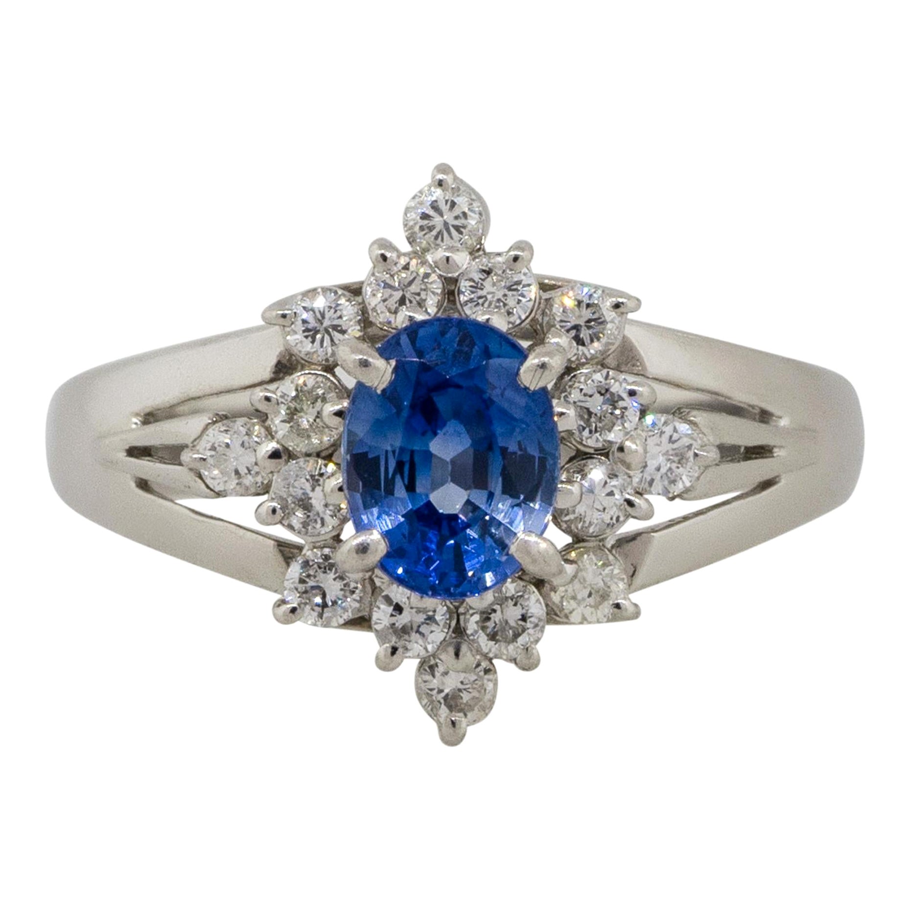 0.73 Carat Diamond Oval Sapphire Center Cocktail Ring Platinum in Stock For Sale