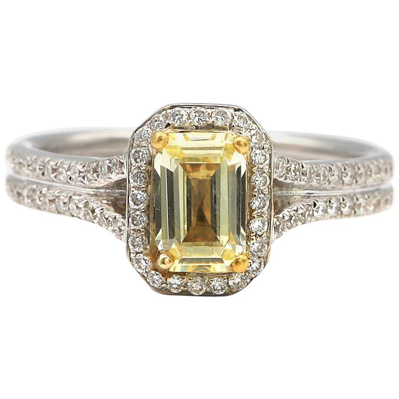 0.73 carat Emerald Fancy Yellow Diamond with White Pave Diamonds 18K White Gold For Sale