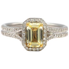 0.73 carat Emerald Fancy Yellow Diamond with White Pave Diamonds 18K White Gold