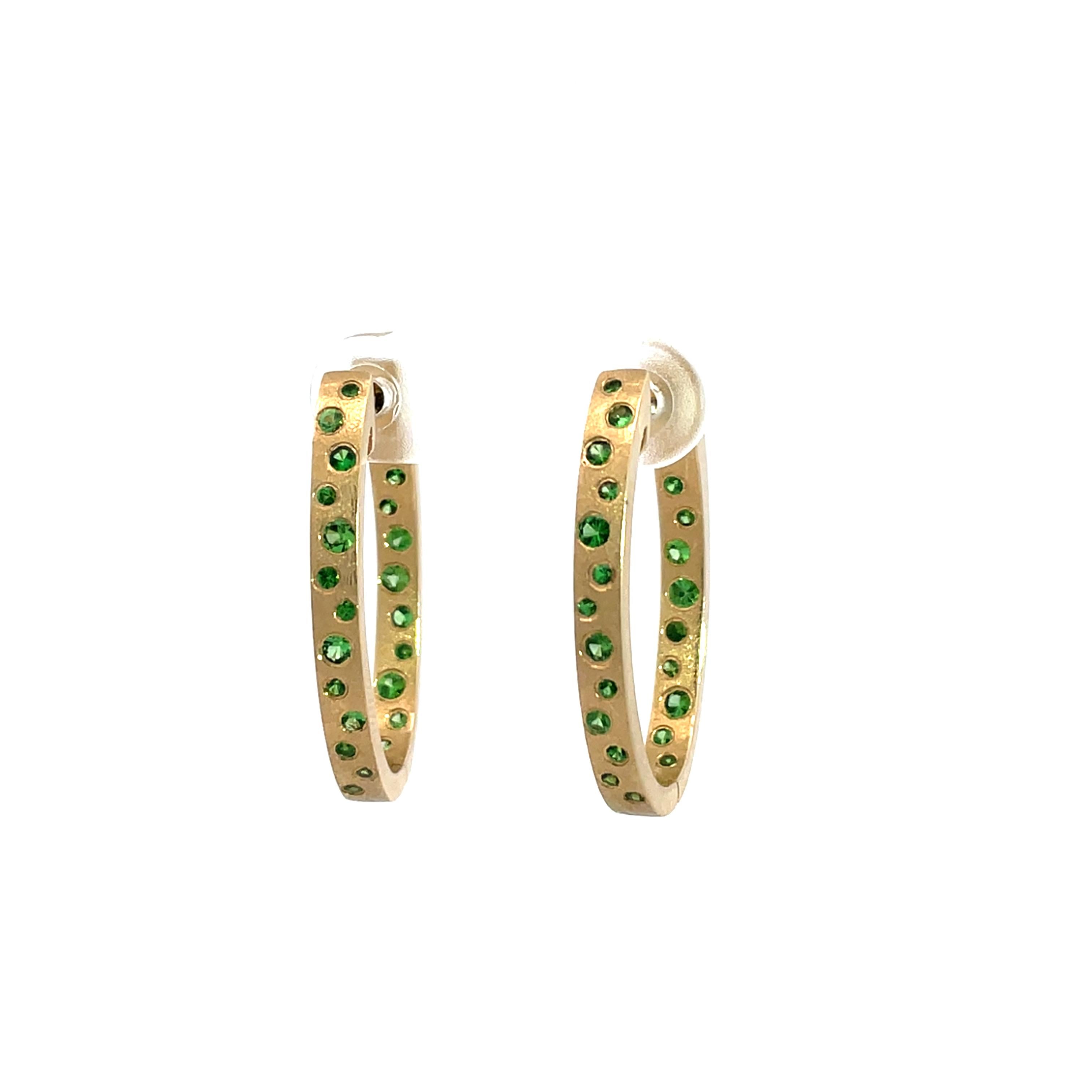 Women's 0.73 Carat Green Tsavorite Flush Set Oval Hoop Yellow Gold Earrings For Sale