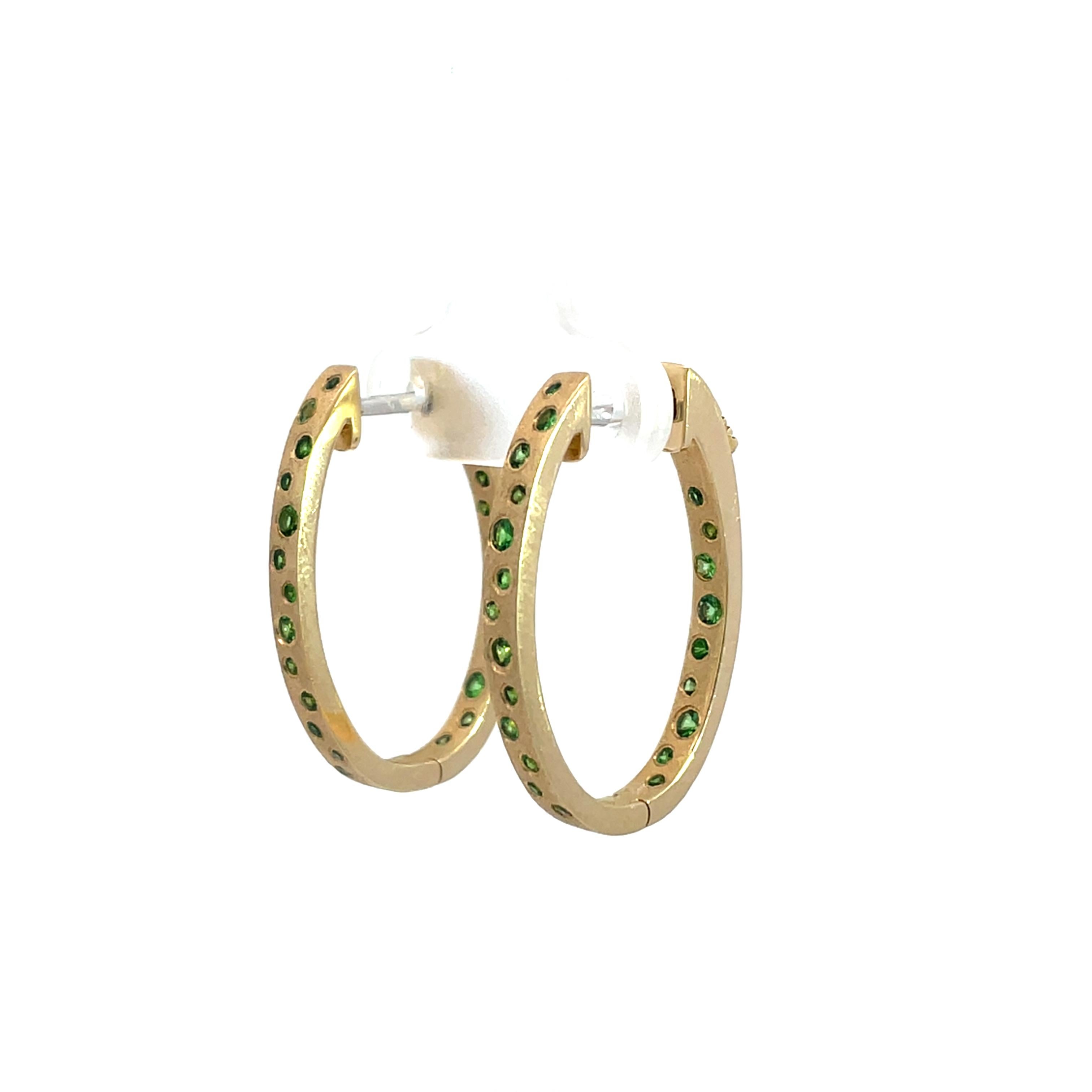 0.73 Carat Green Tsavorite Flush Set Oval Hoop Yellow Gold Earrings For Sale 1