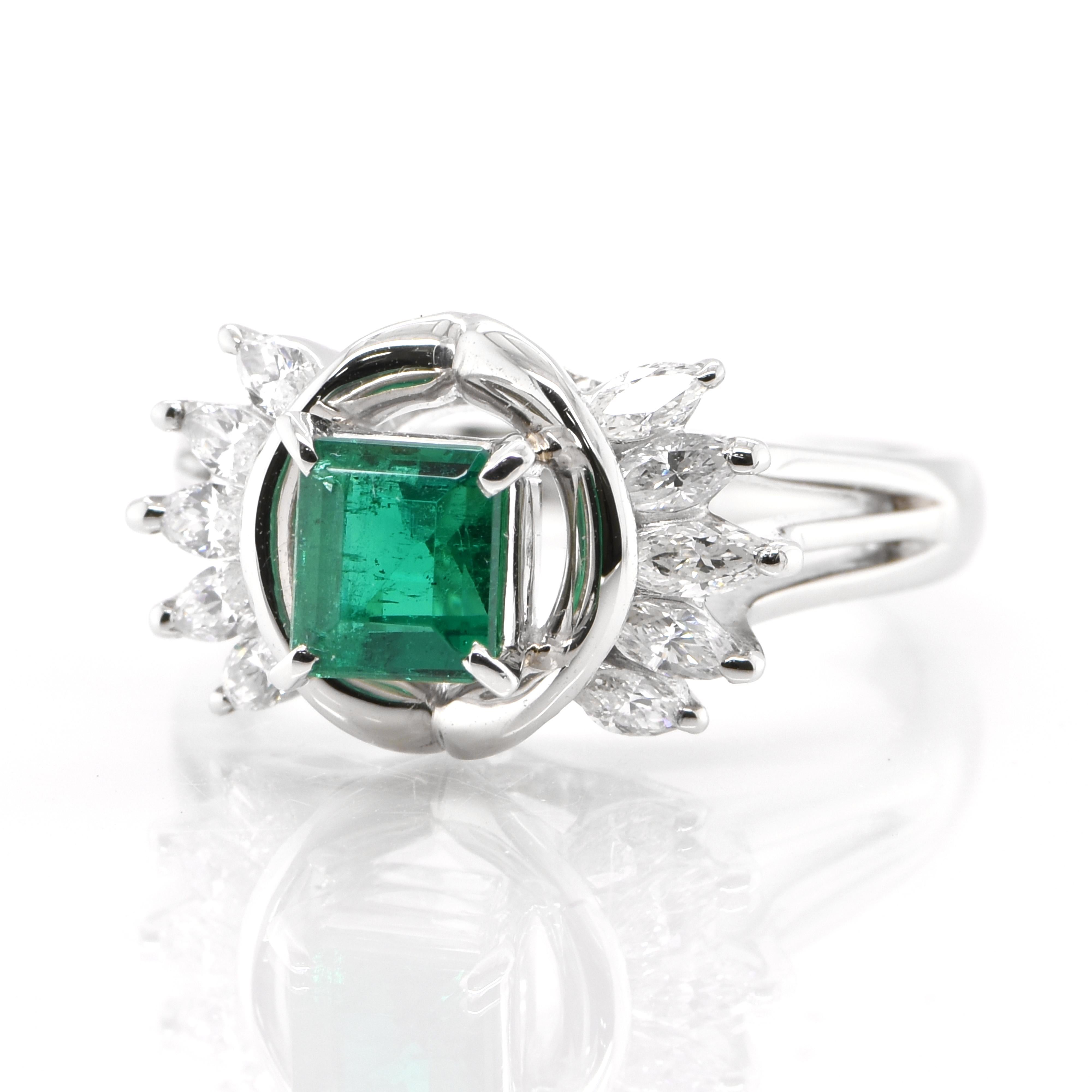 A stunning Cocktail Ring featuring a 0.73 Carat Natural Emerald and 0.43 Carats of Diamond Accents set in Platinum. People have admired emerald’s green for thousands of years. Emeralds have always been associated with the lushest landscapes and the