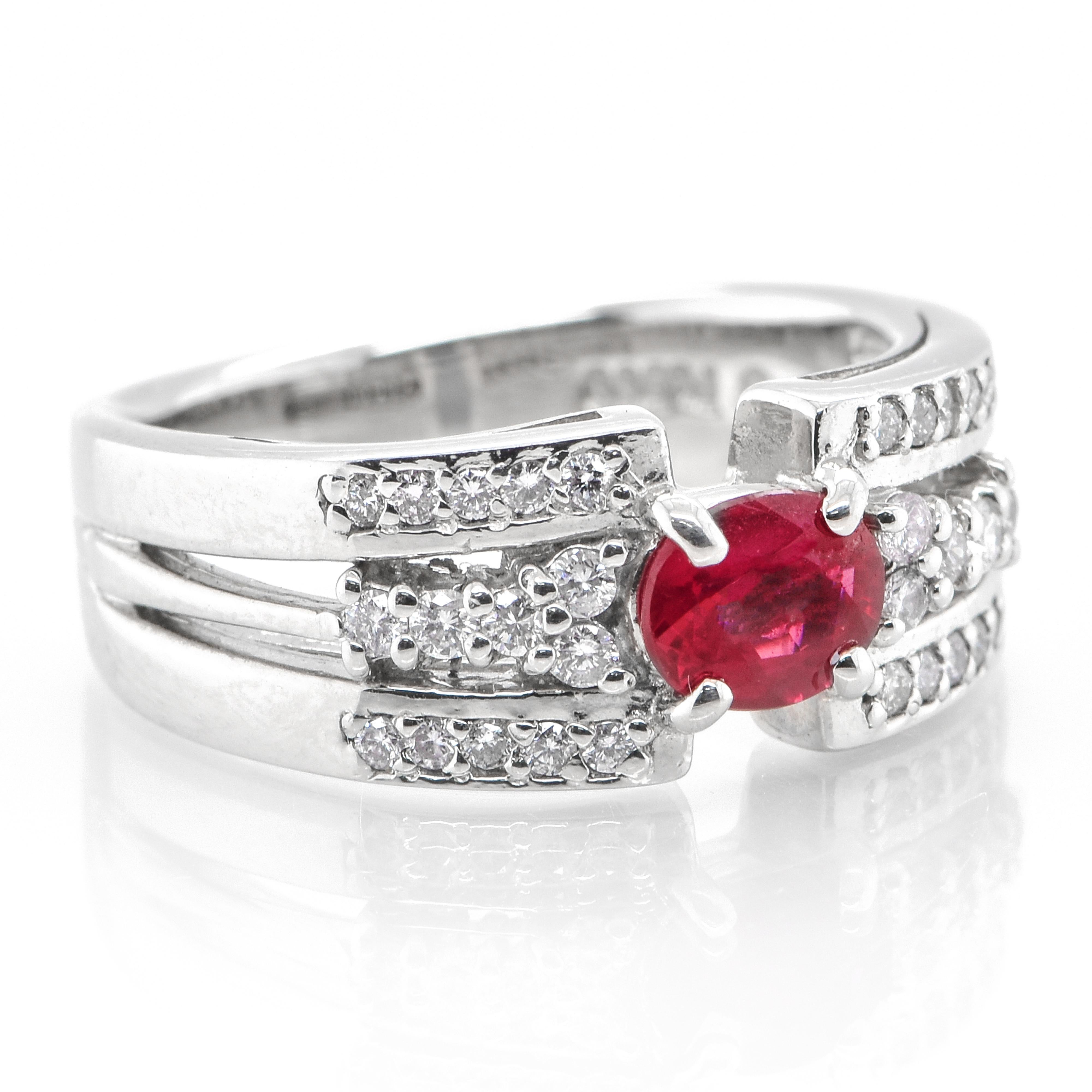 A beautiful ring set in Platinum featuring 0.73 Carats Natural Ruby and 0.28 Carat Diamonds. Rubies are referred to as 