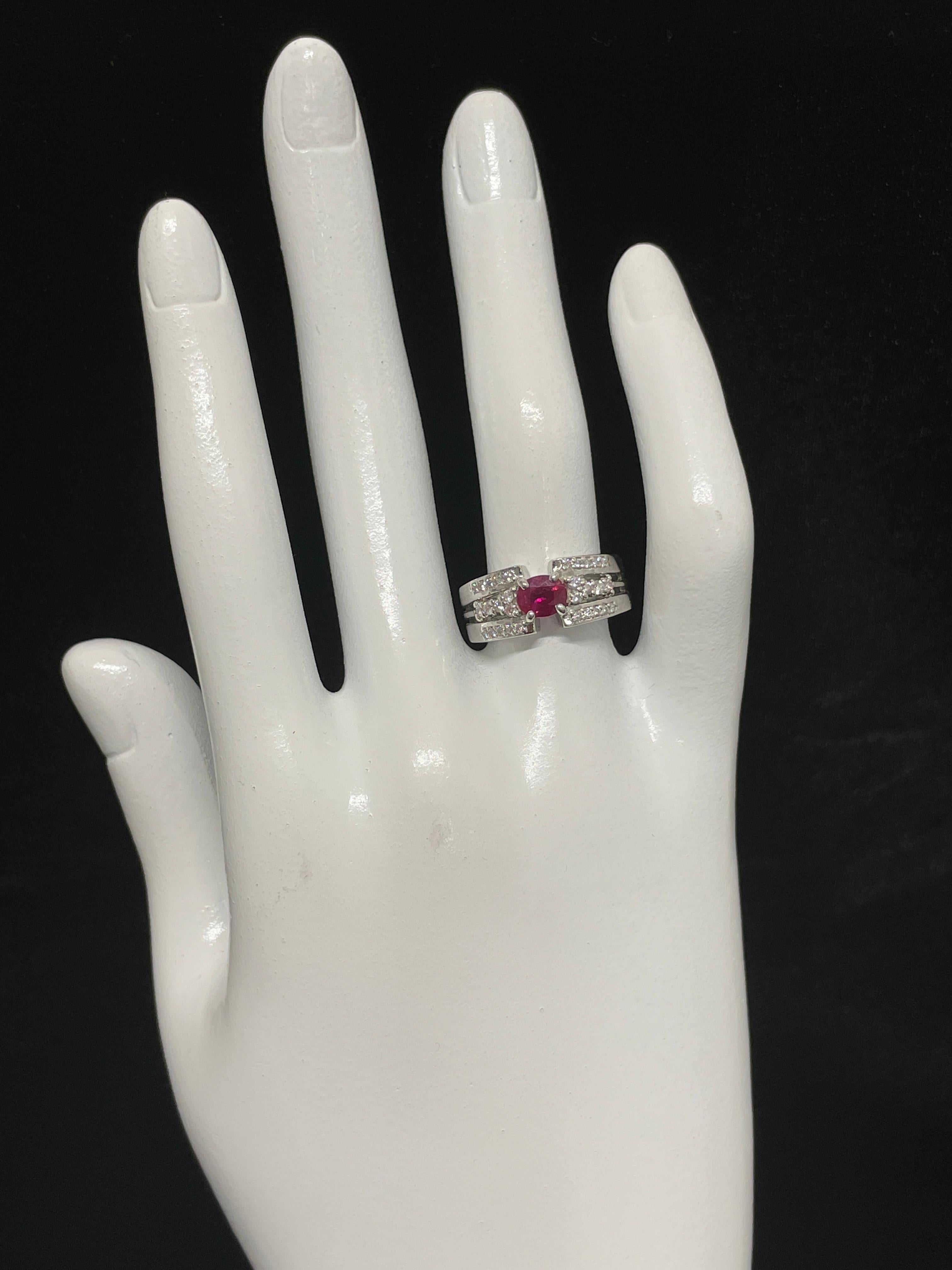 Oval Cut 0.73 Carat Natural Ruby and Diamond Ring Set in Platinum For Sale