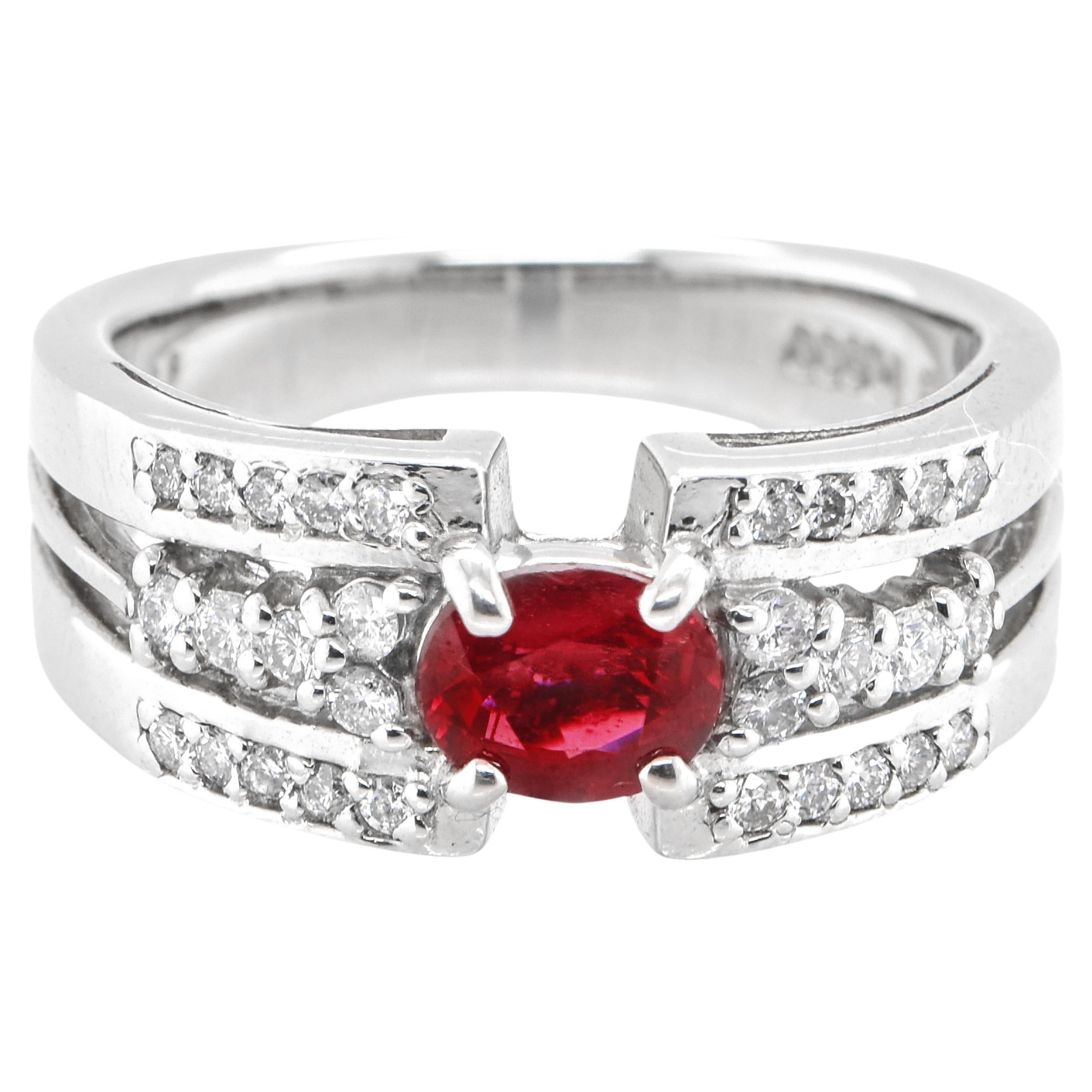 0.73 Carat Natural Ruby and Diamond Ring Set in Platinum