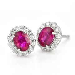0.73 Carat Natural Untreated Ruby and Diamond Pierced Earrings Made in Platinum