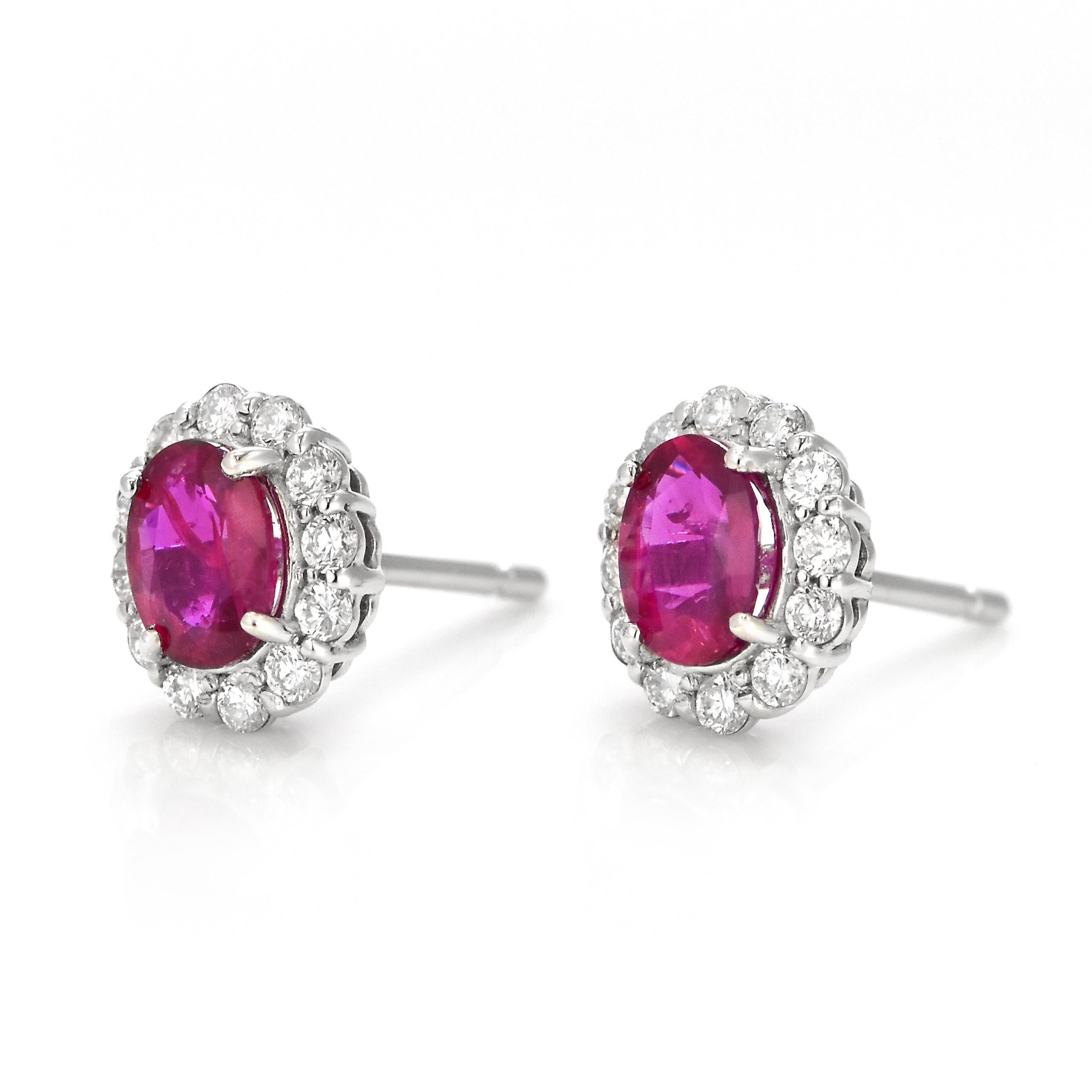 Modern 0.73 Carat Natural Untreated Ruby and Diamond Pierced Earrings Made in Platinum For Sale
