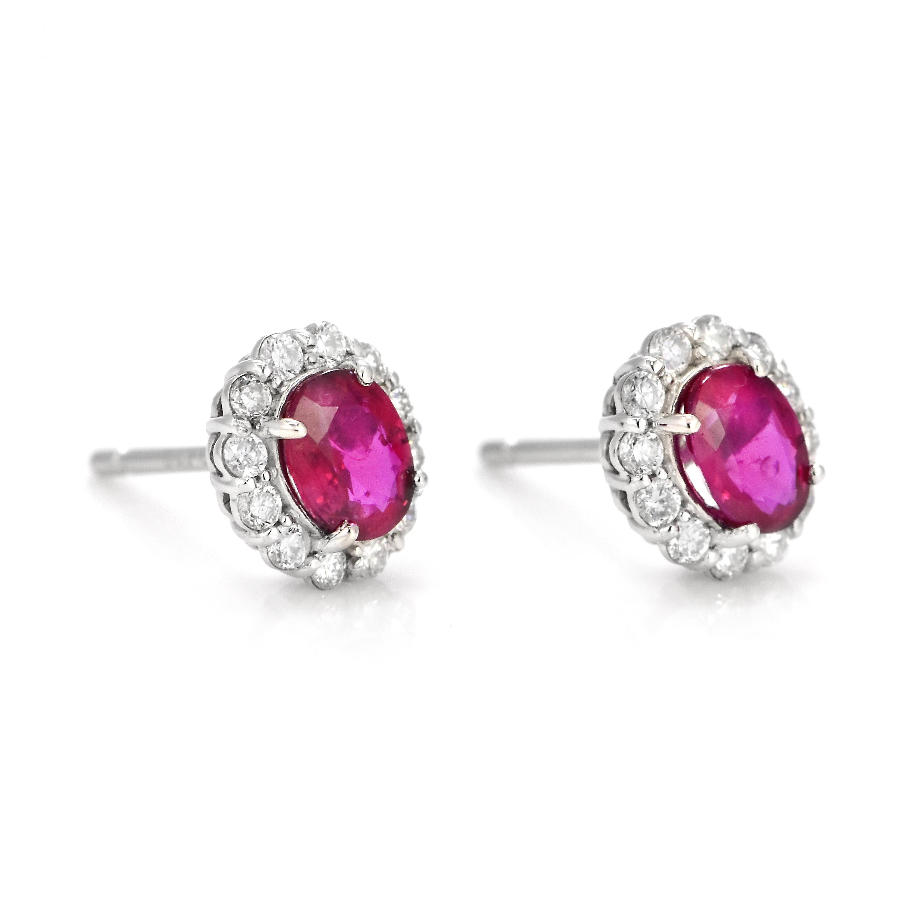 Oval Cut 0.73 Carat Natural Untreated Ruby and Diamond Pierced Earrings Made in Platinum For Sale