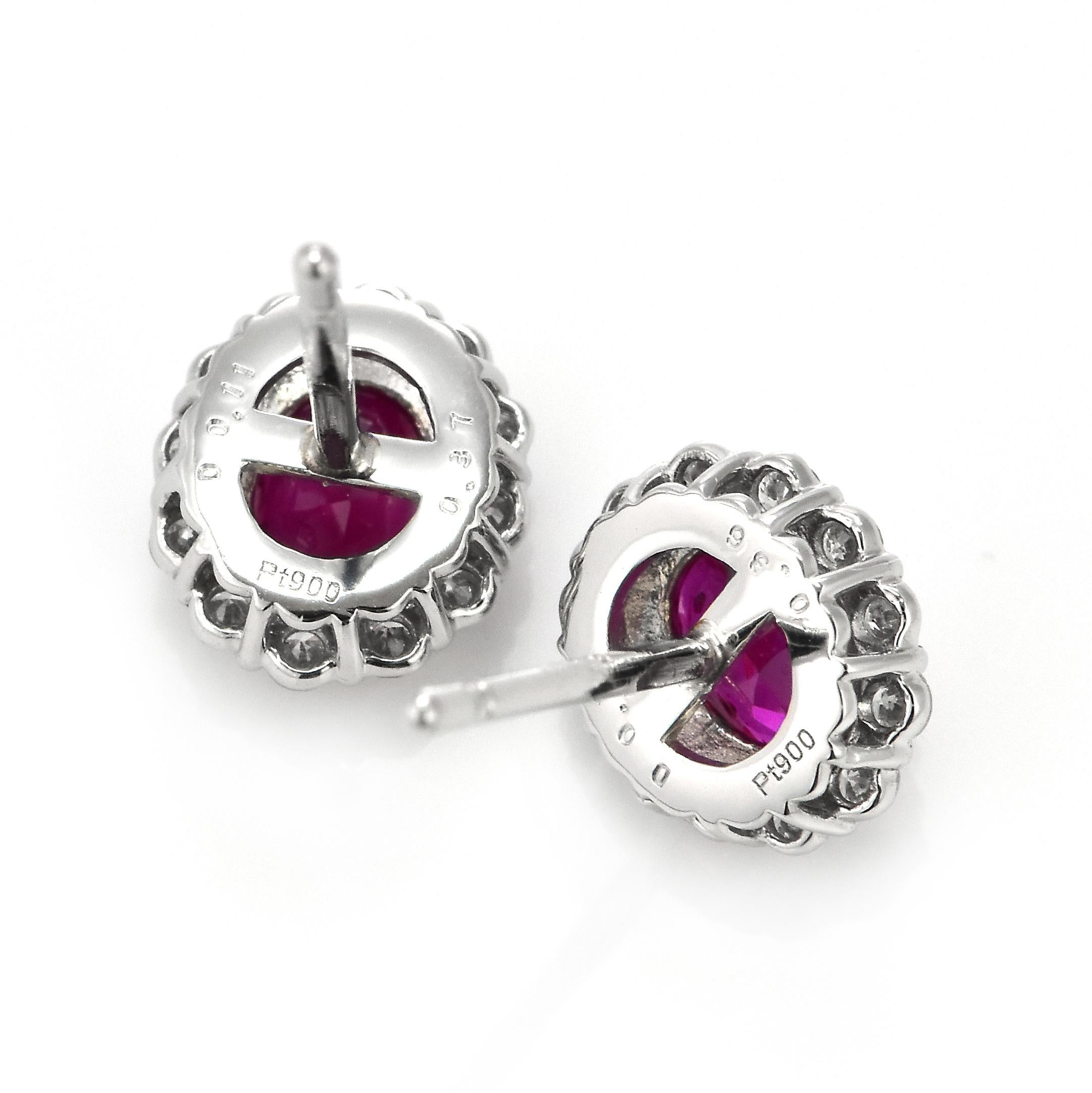 0.73 Carat Natural Untreated Ruby and Diamond Pierced Earrings Made in Platinum For Sale 1