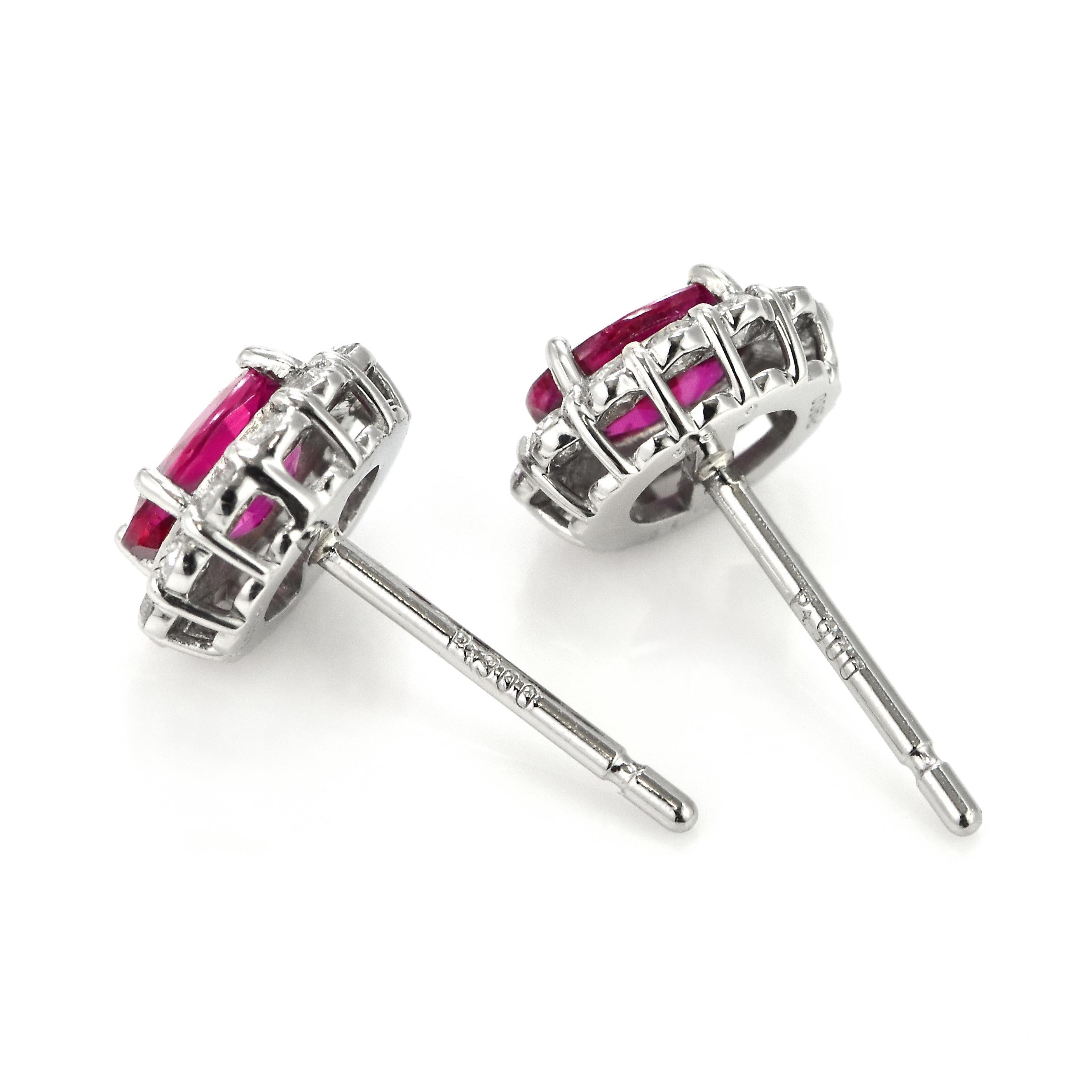 0.73 Carat Natural Untreated Ruby and Diamond Pierced Earrings Made in Platinum For Sale 2