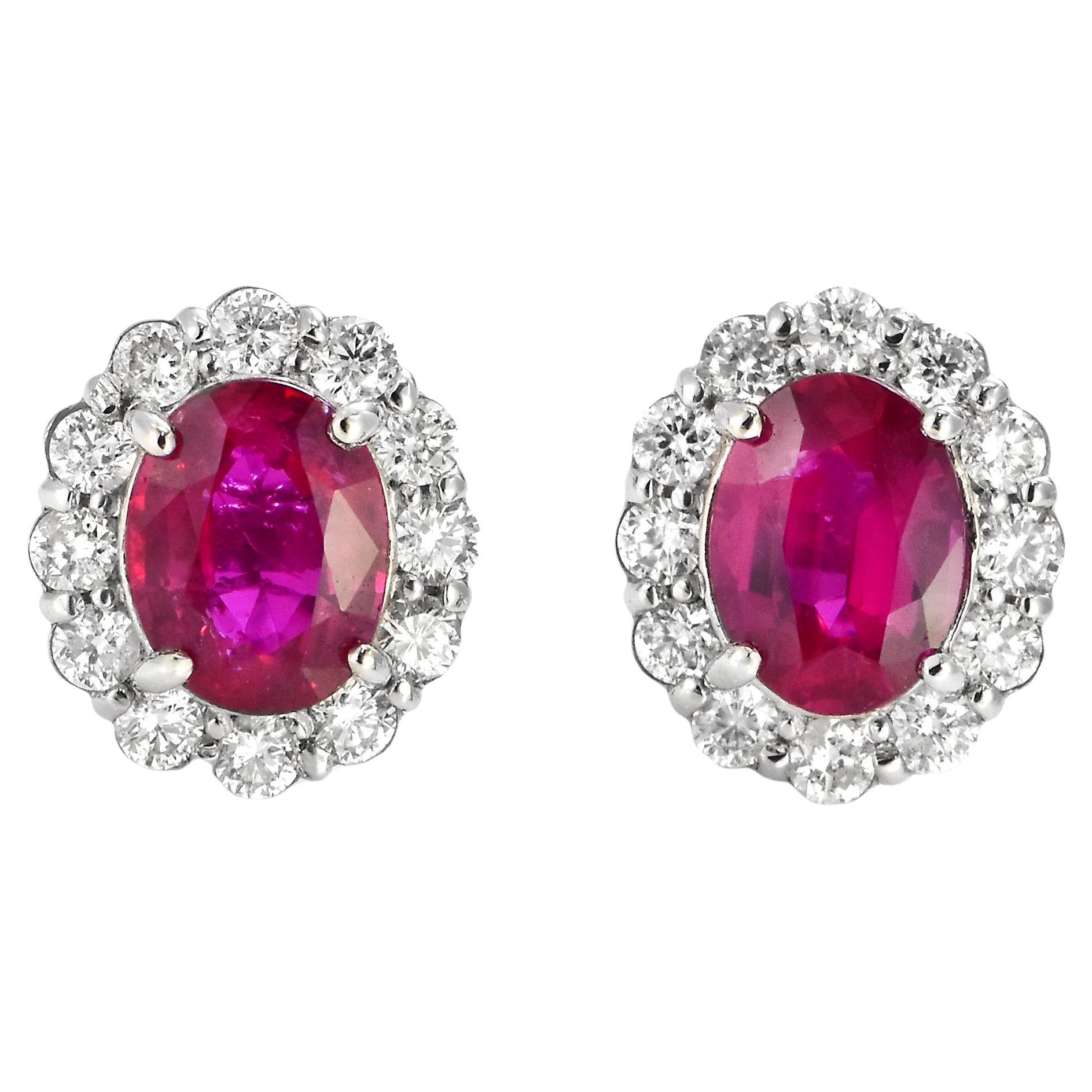 0.73 Carat Natural Untreated Ruby and Diamond Pierced Earrings Made in Platinum