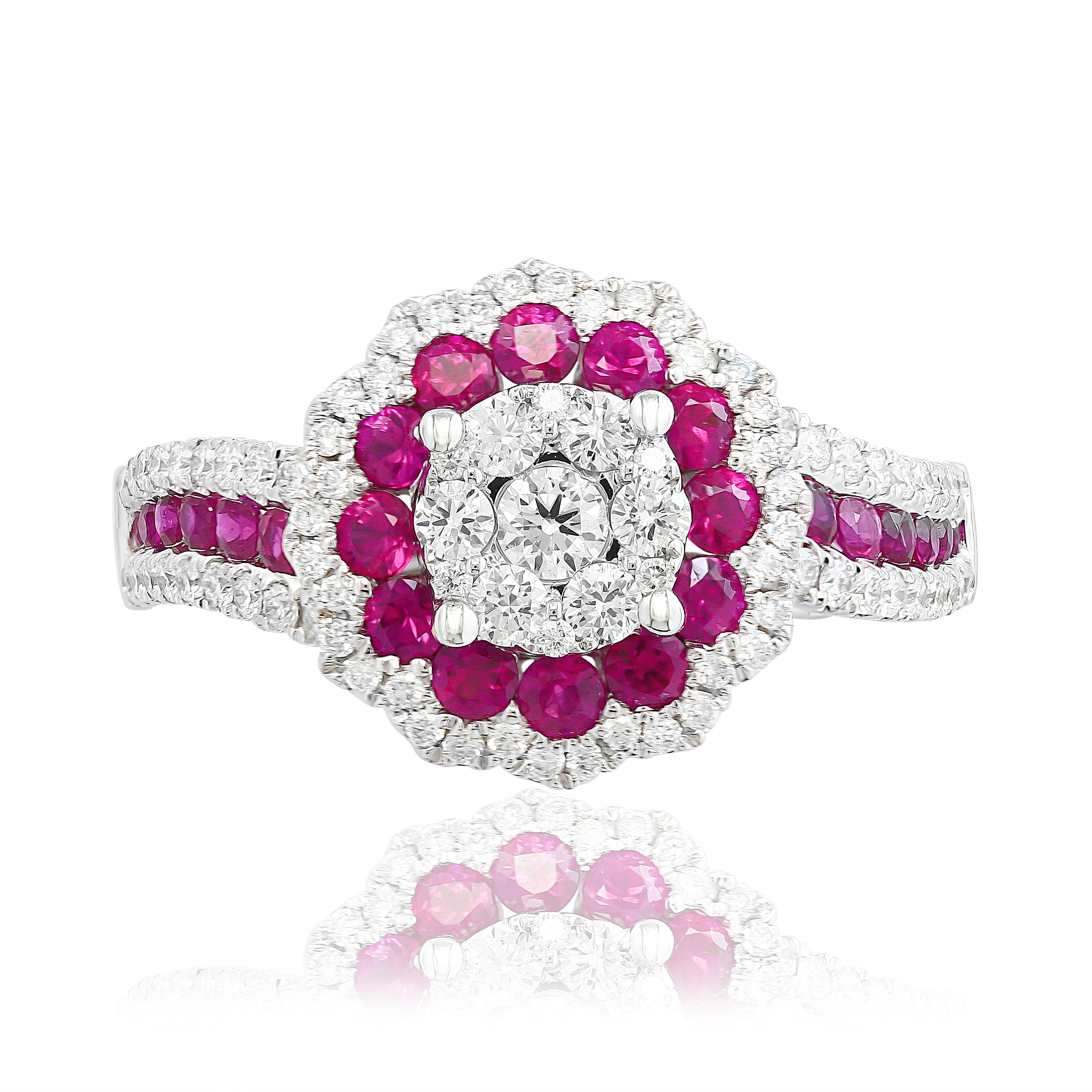 A unique and stylish flower shape ring showcasing a cluster of round diamonds in the center surrounded by a row of rubies and another row of diamonds. 24 Rubies weigh 0.73 carat and 85 diamonds weigh 0.60 carat in total.  Made in 14k white gold.