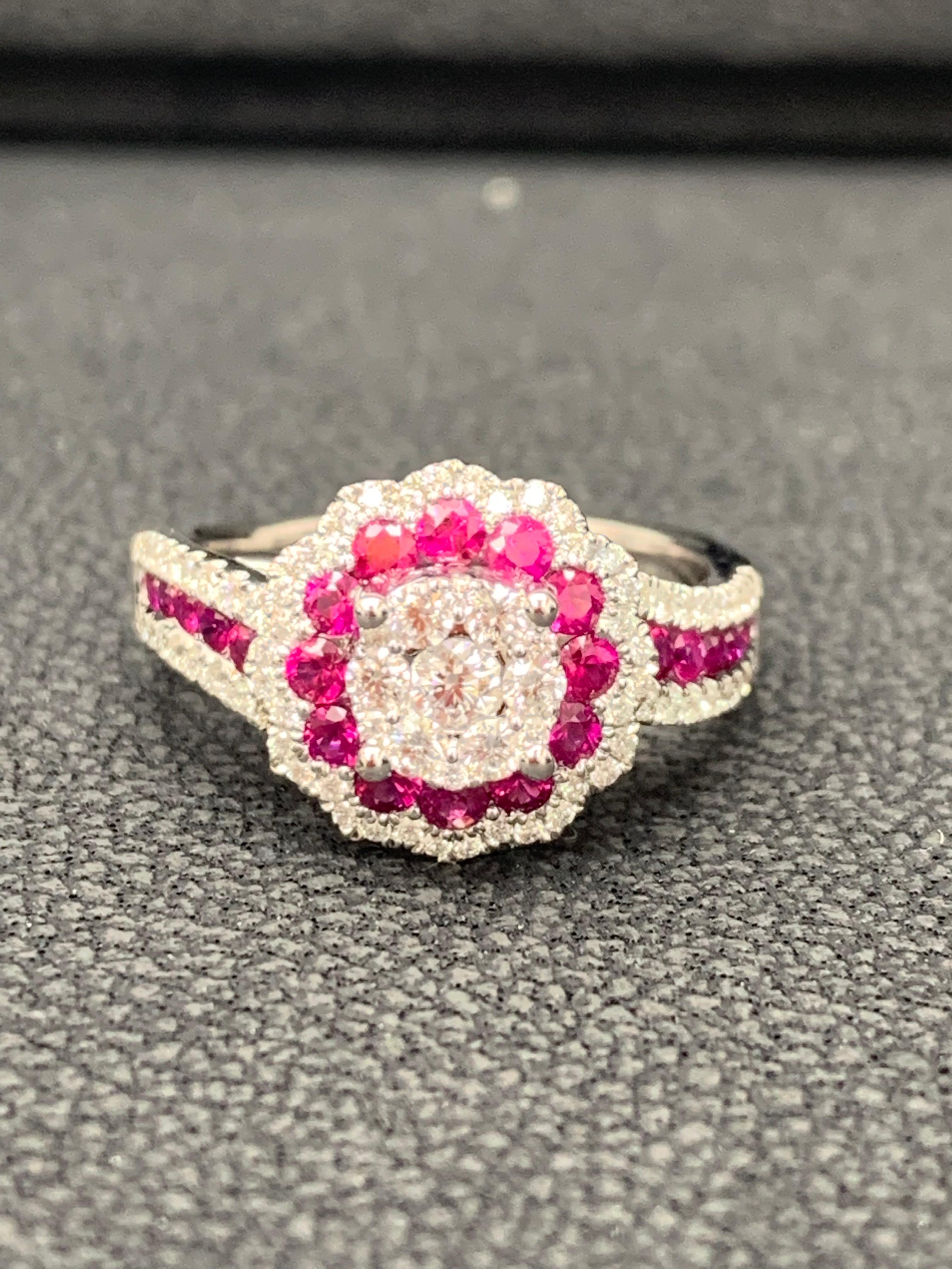 Modern 0.73 Carat of Ruby and Diamond Cocktail Ring in 18K White Gold For Sale