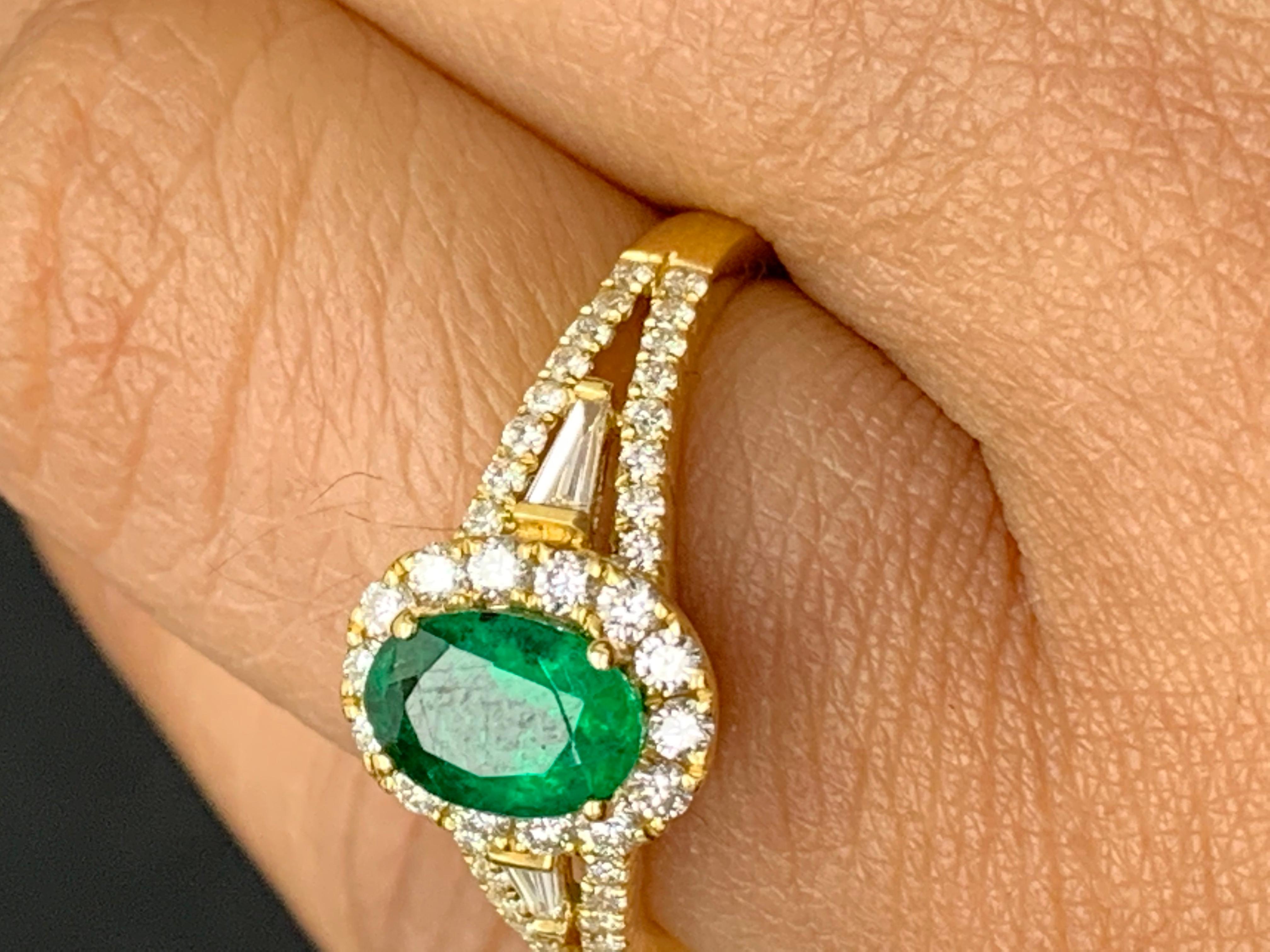 0.73 Carat Oval Cut Emerald and Diamond Ring in 18k Yellow Gold For Sale 14