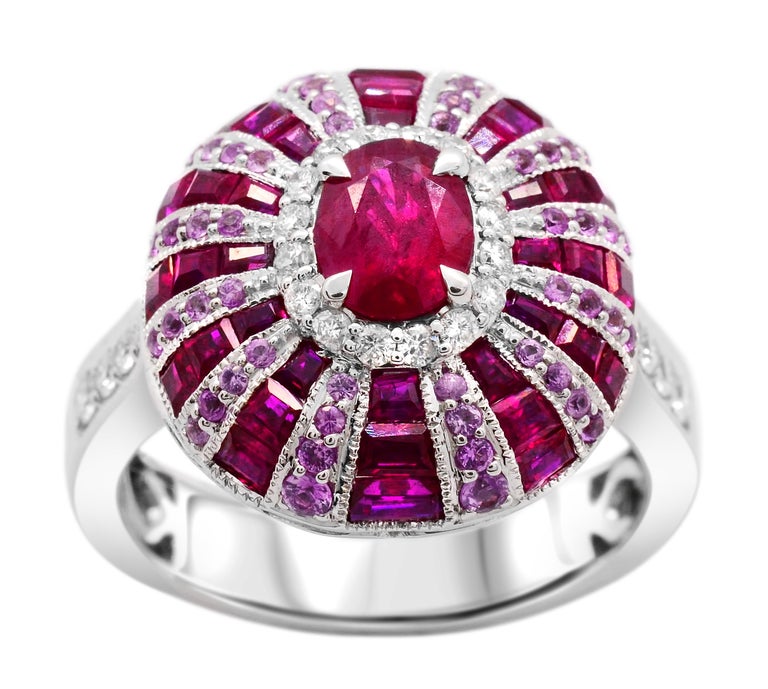 0.73 Carat Oval Ruby Pink Sapphire Diamond 14Karat White Gold Dome ...