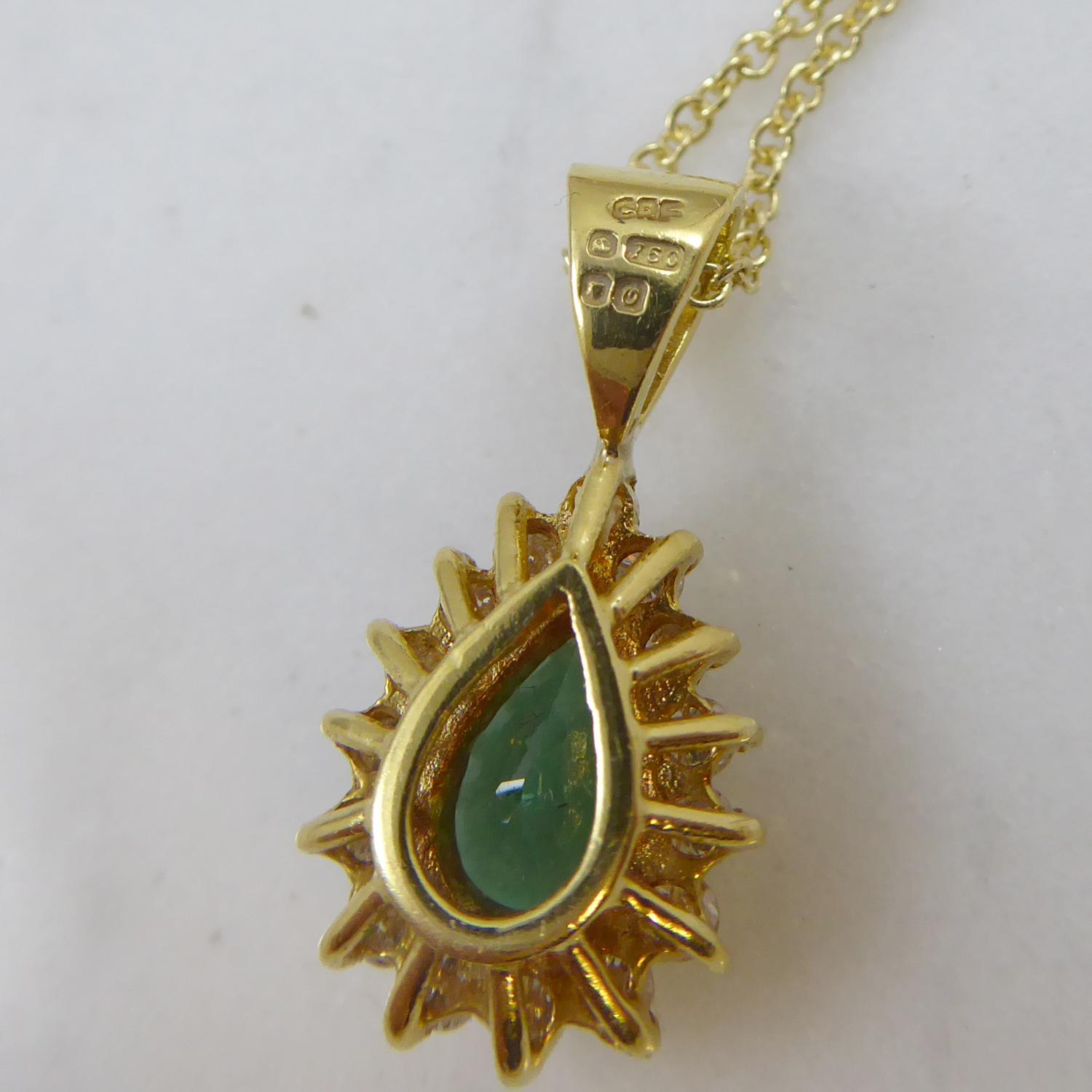 Women's 0.73 Carat Pear-Shaped Emerald Pendant in Diamond Surround, Yellow Gold 