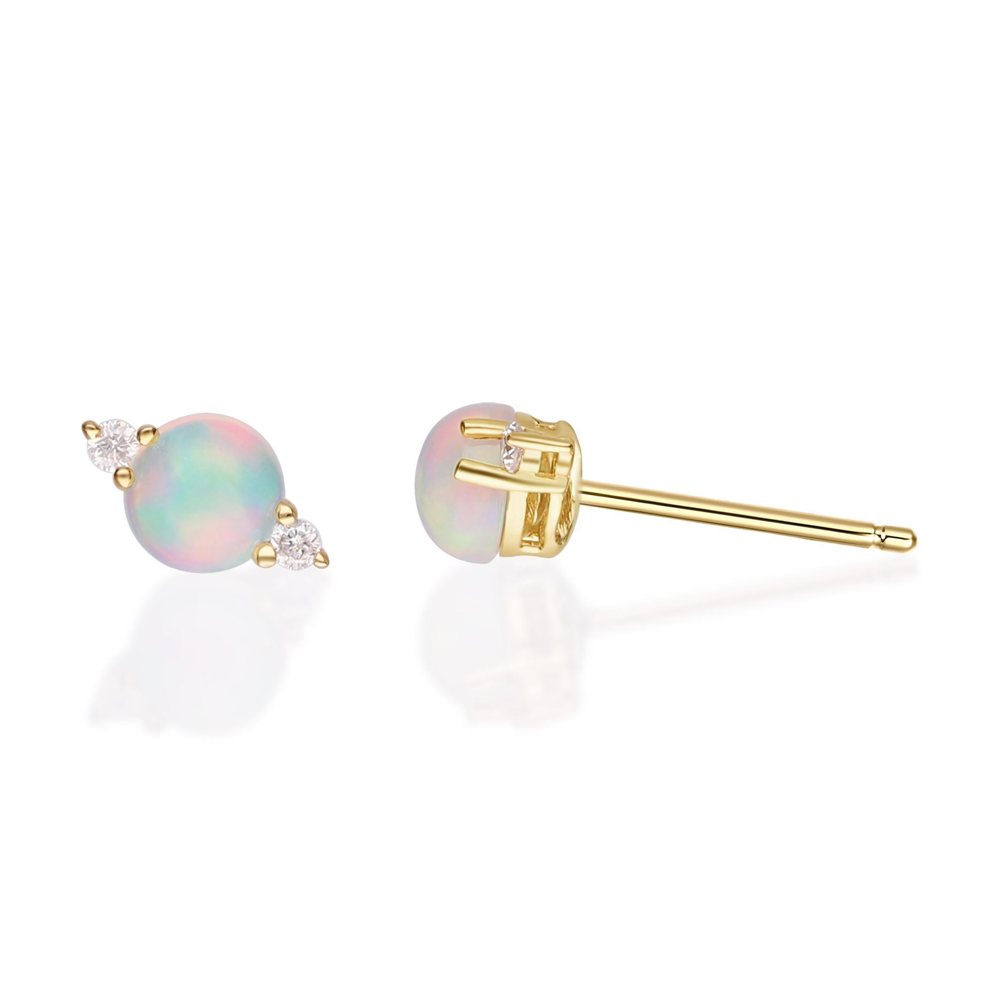 Round Cut 0.73 Carat Round-cab Ethiopian Opal with Diamond Accents 10K Yellow Gold Earring For Sale