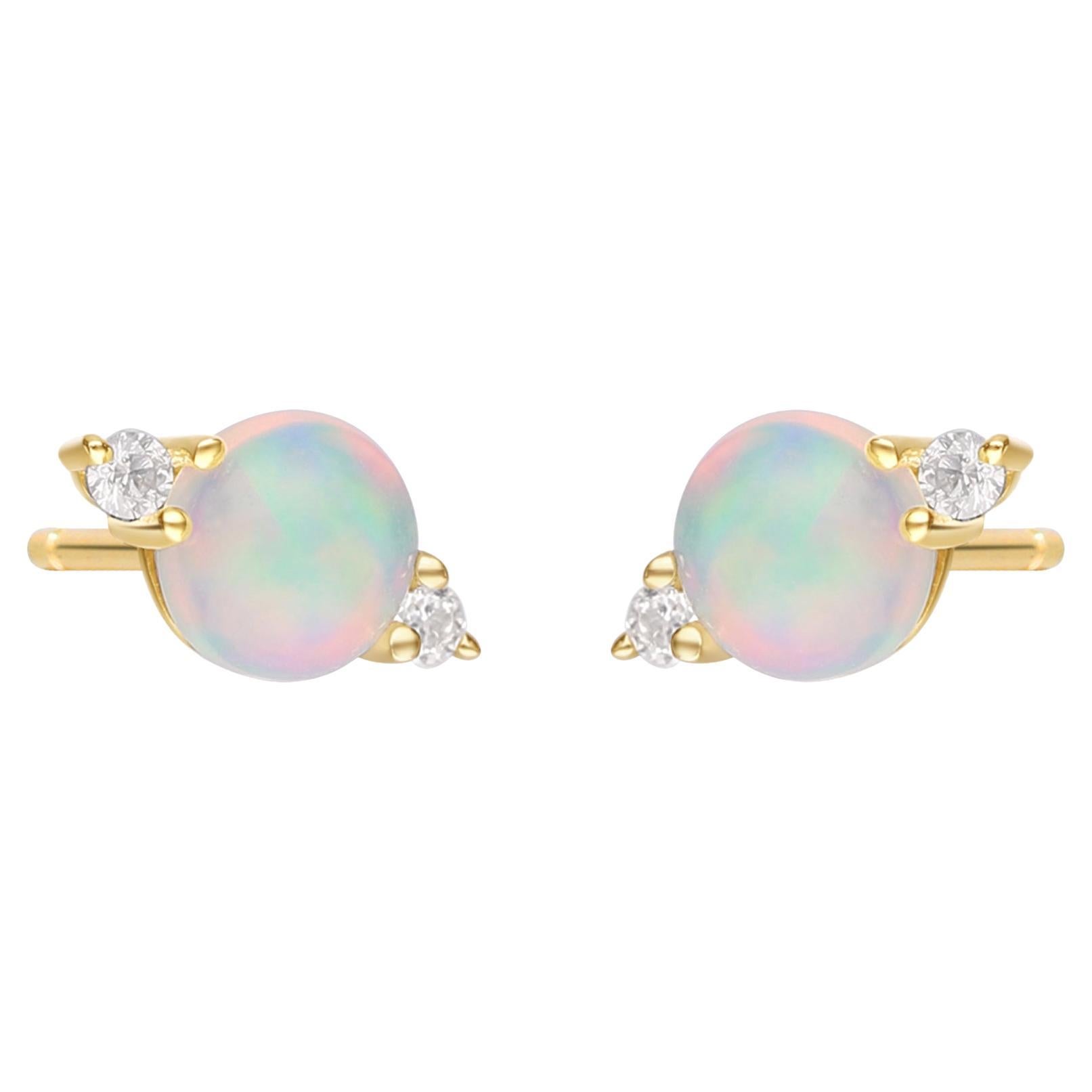 0.73 Carat Round-cab Ethiopian Opal with Diamond Accents 10K Yellow Gold Earring